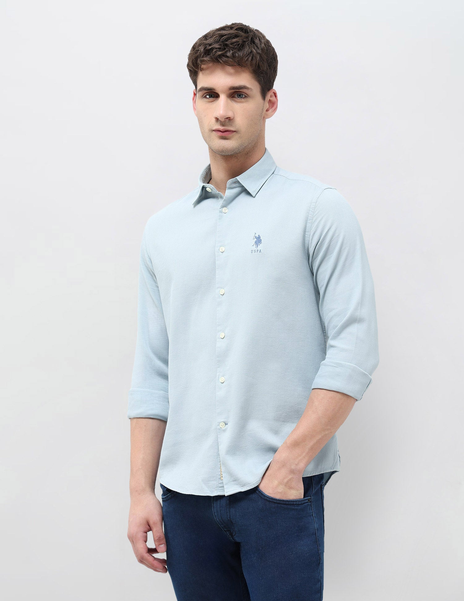 Textured Dobby Regular Fit Shirt Light Blue - U.S. Polo Assn. India | Large