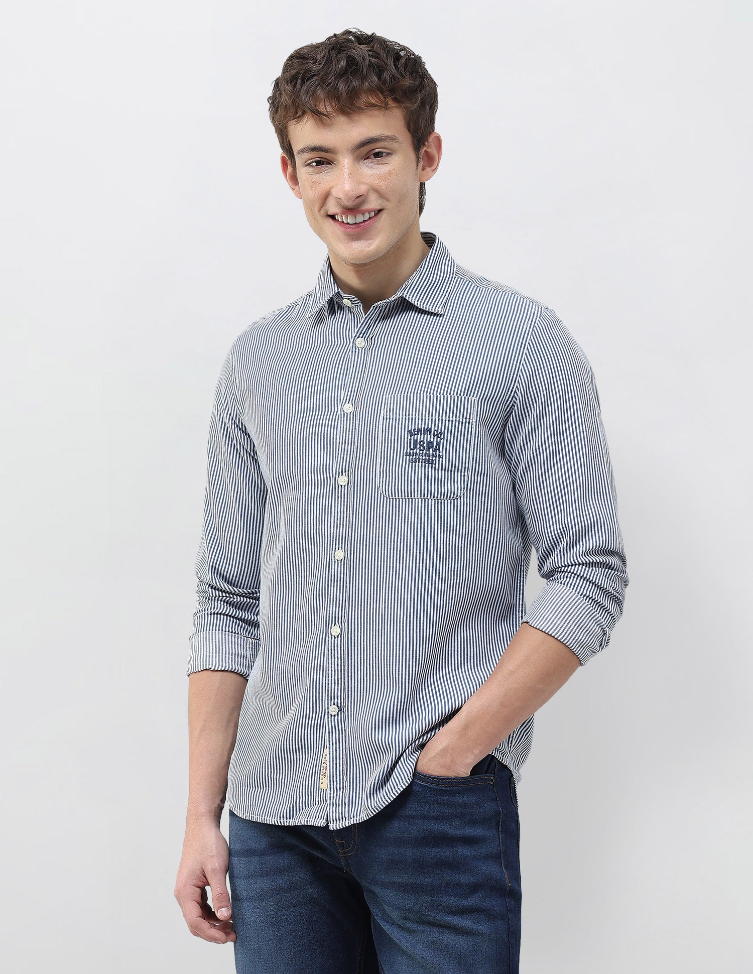 Vertical Striped Relaxed Fit Shirt Dark Indigo - U.S. Polo Assn. India | Large