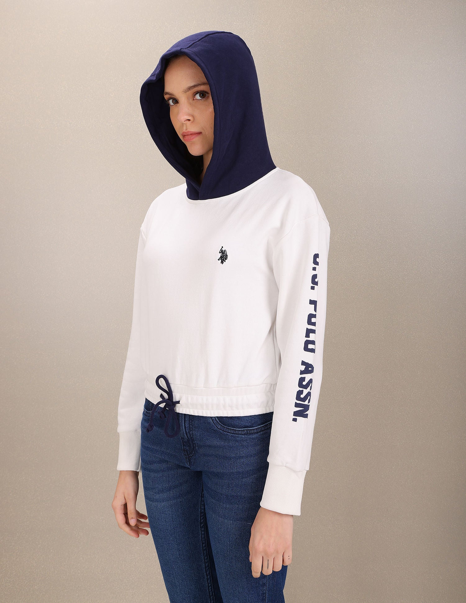 Colour Block Typographic Print Cropped Sweatshirt White - U.S. Polo Assn. India | Large