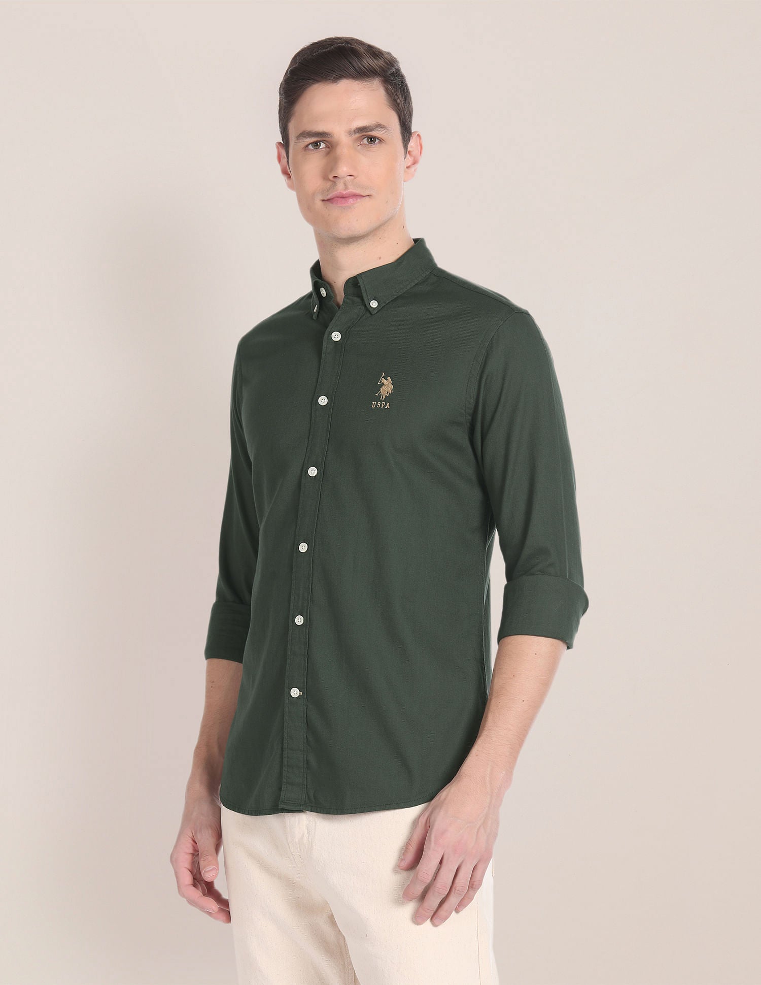 Premium Cotton Solid Shirt Olive - U.S. POLO ASSN. | Large