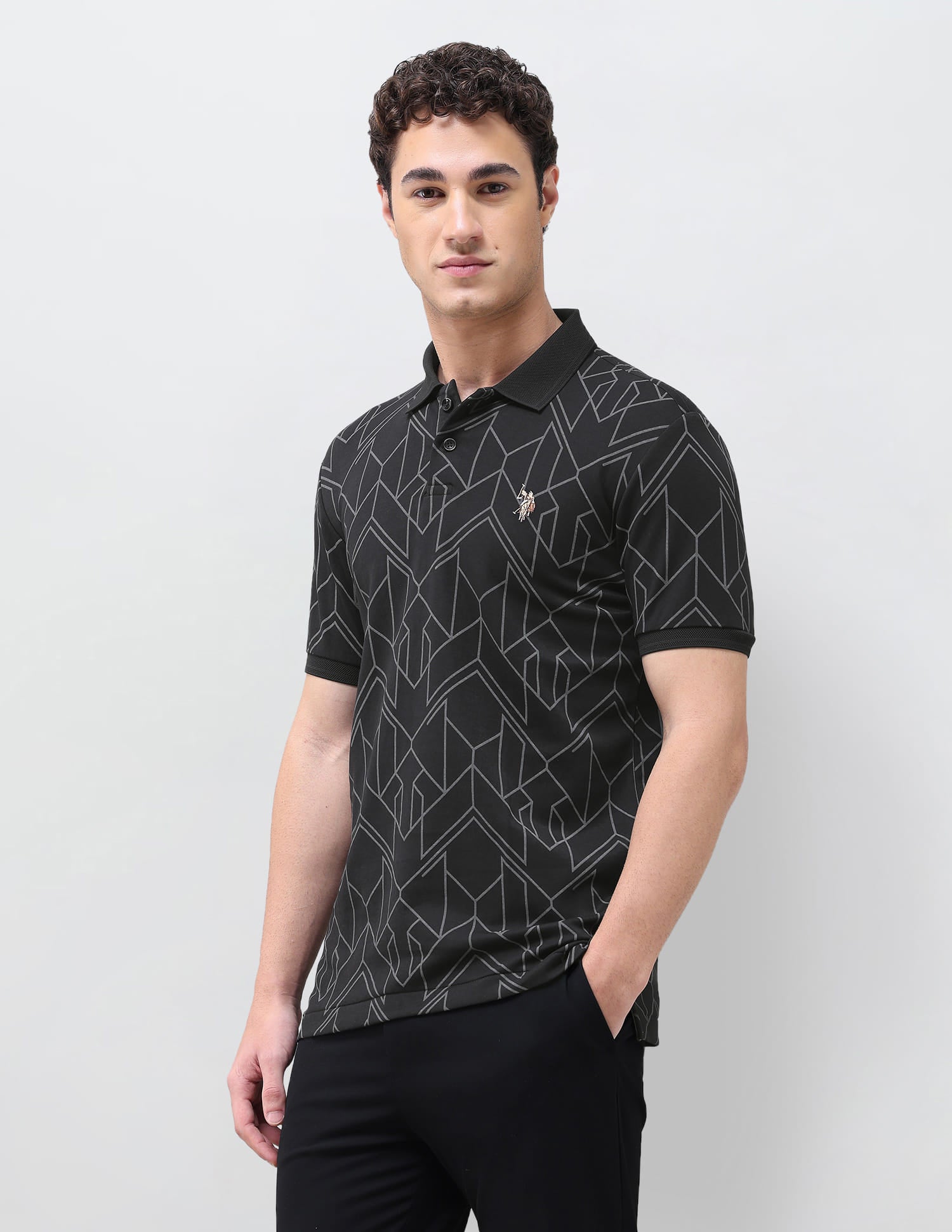 Geometric Printed Slim Fit Polo Shirt Black - U.S. Polo Assn. India | Large