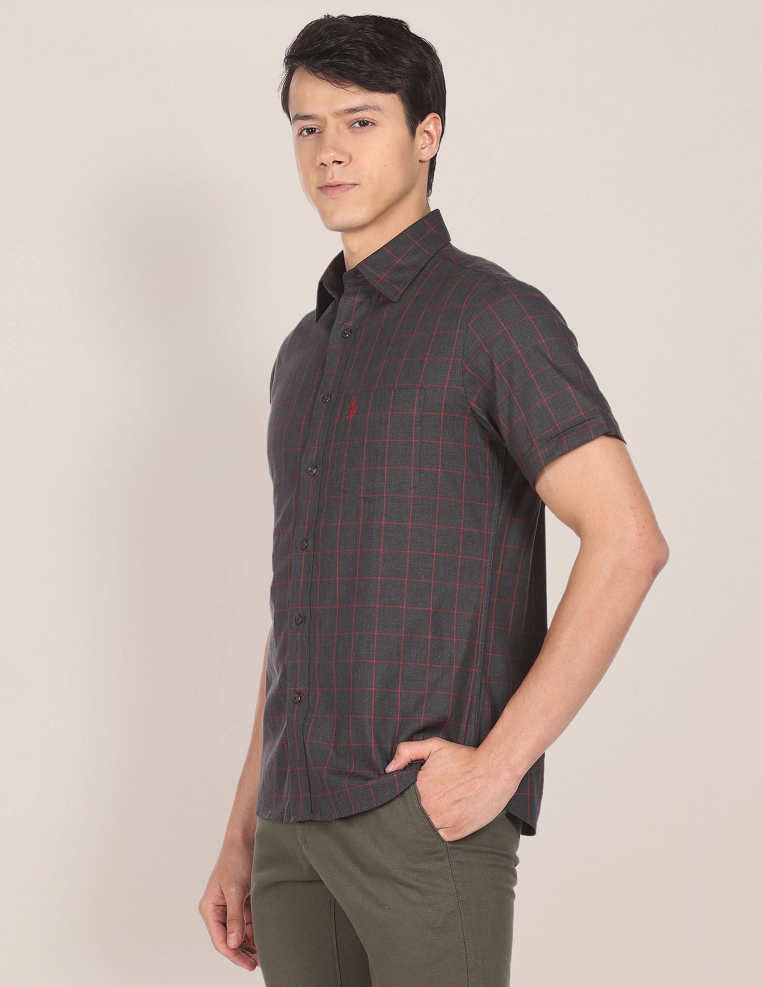 Short Sleeve Windowpane Check Casual Shirt Charcoal - U.S. Polo Assn. India | Large