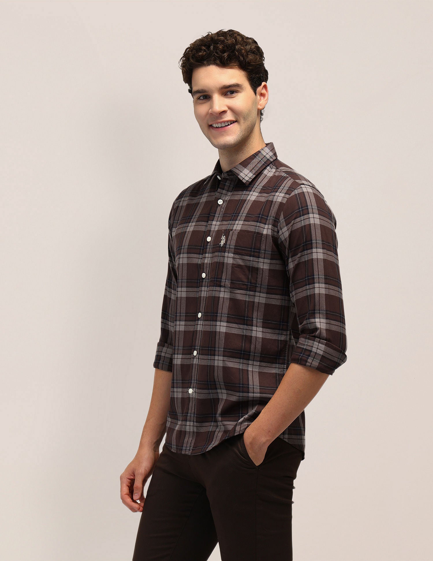 Tailored Fit Dobby Checked Shirt Brown - U.S. POLO ASSN. | Large