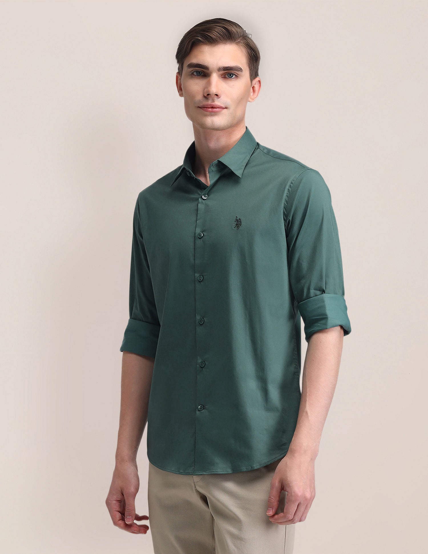 Tailored Fit Solid Twill Shirt Green - U.S. Polo Assn. India | Large