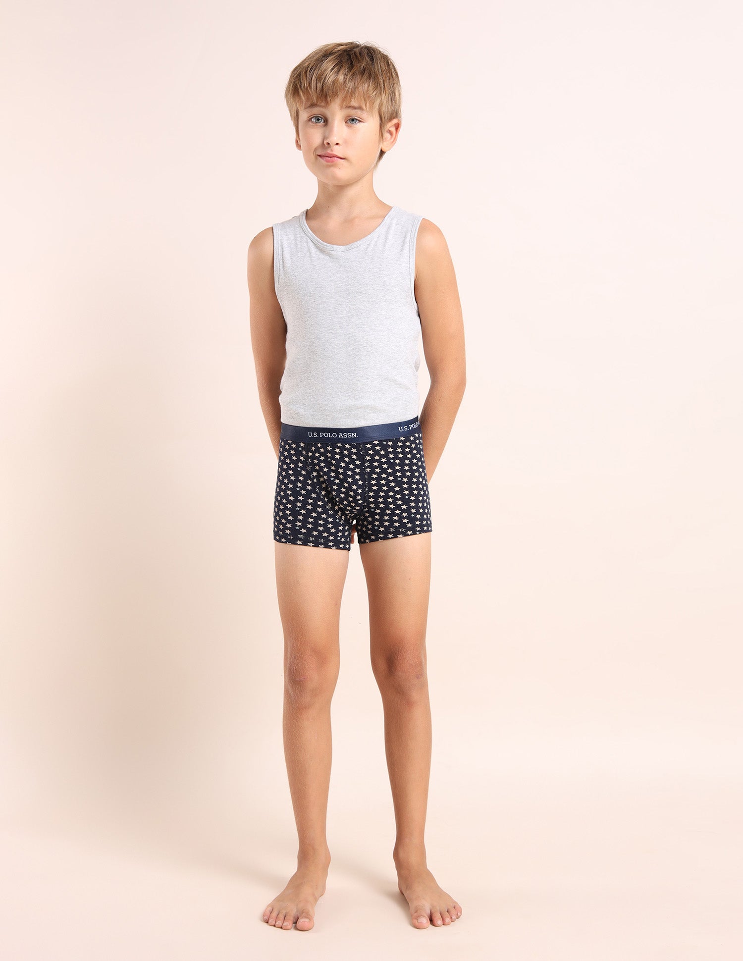 Boys Mid Rise Cotton Spandex Trunks - Pack Of 3 Navy, White and Blue - U.S. POLO ASSN. | Large