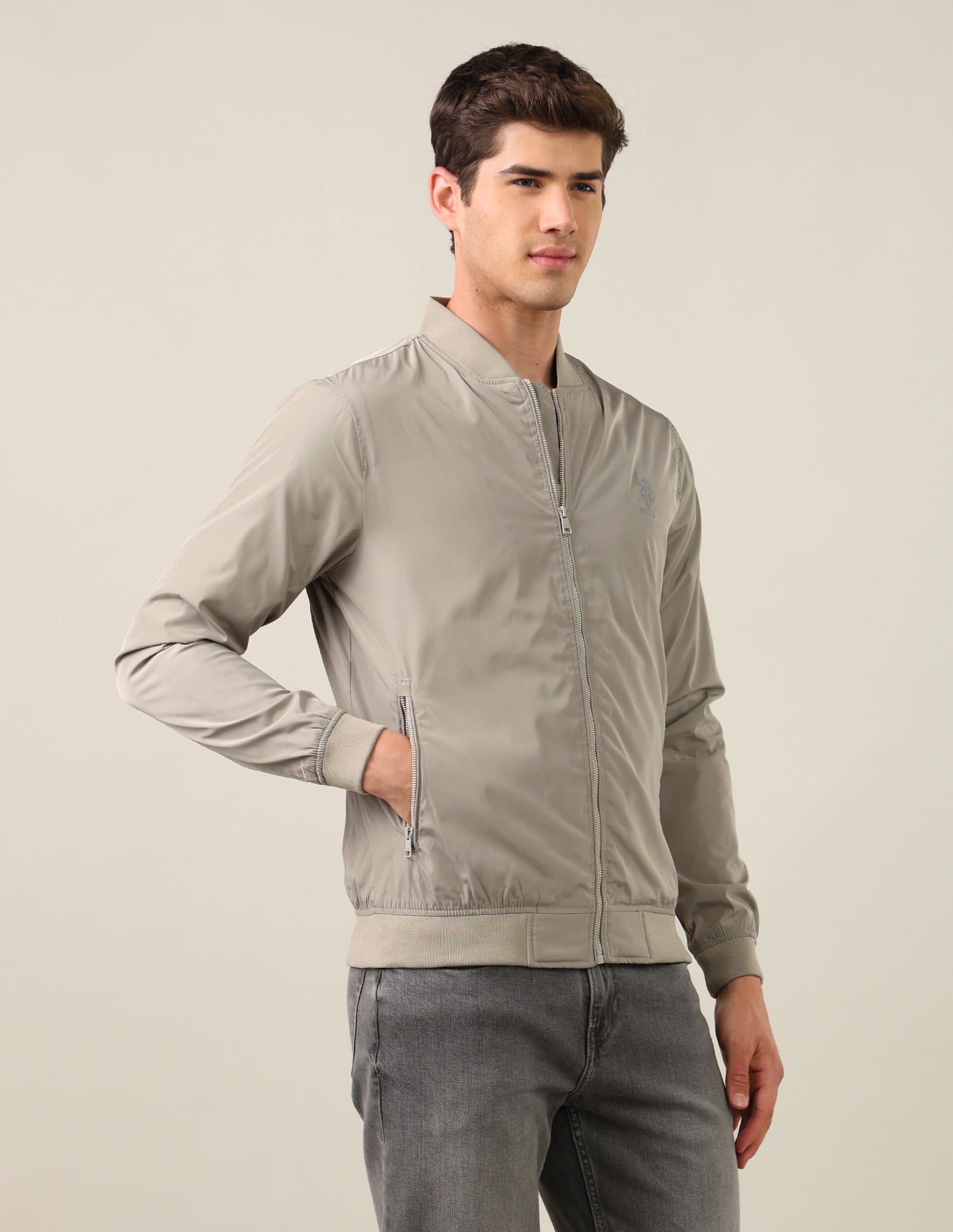 Solid Stand Collar Bomber Jacket Stone - U.S. Polo Assn. India | Large