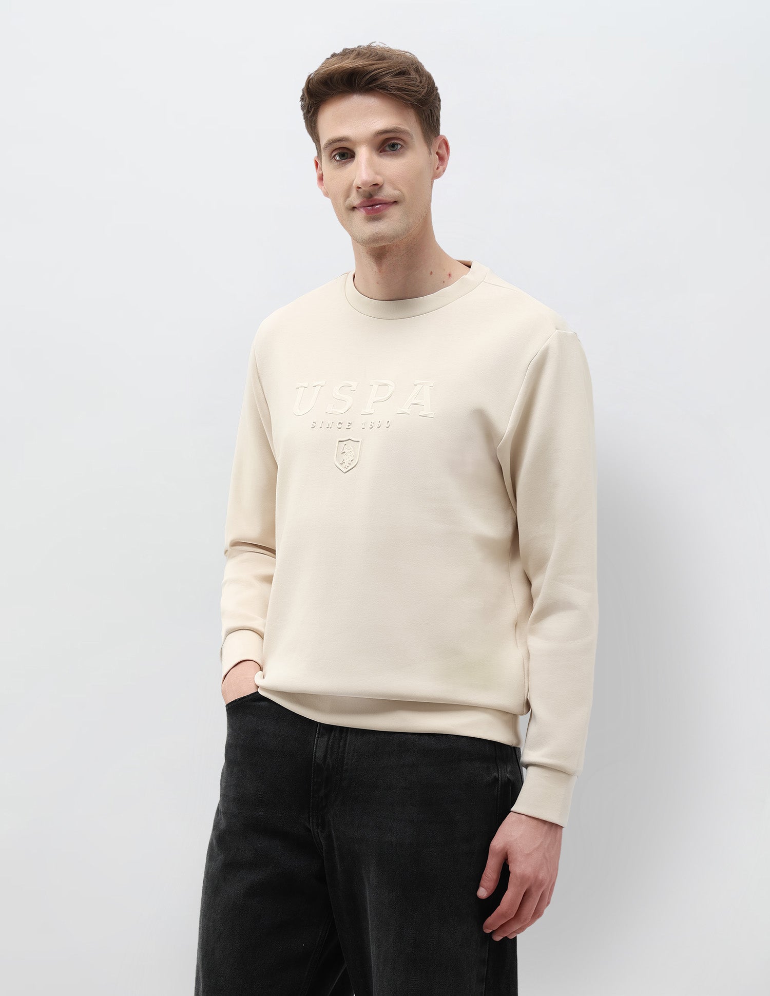 Brand Embossed Regular Fit Sweatshirt Beige - U.S. POLO ASSN. | Large
