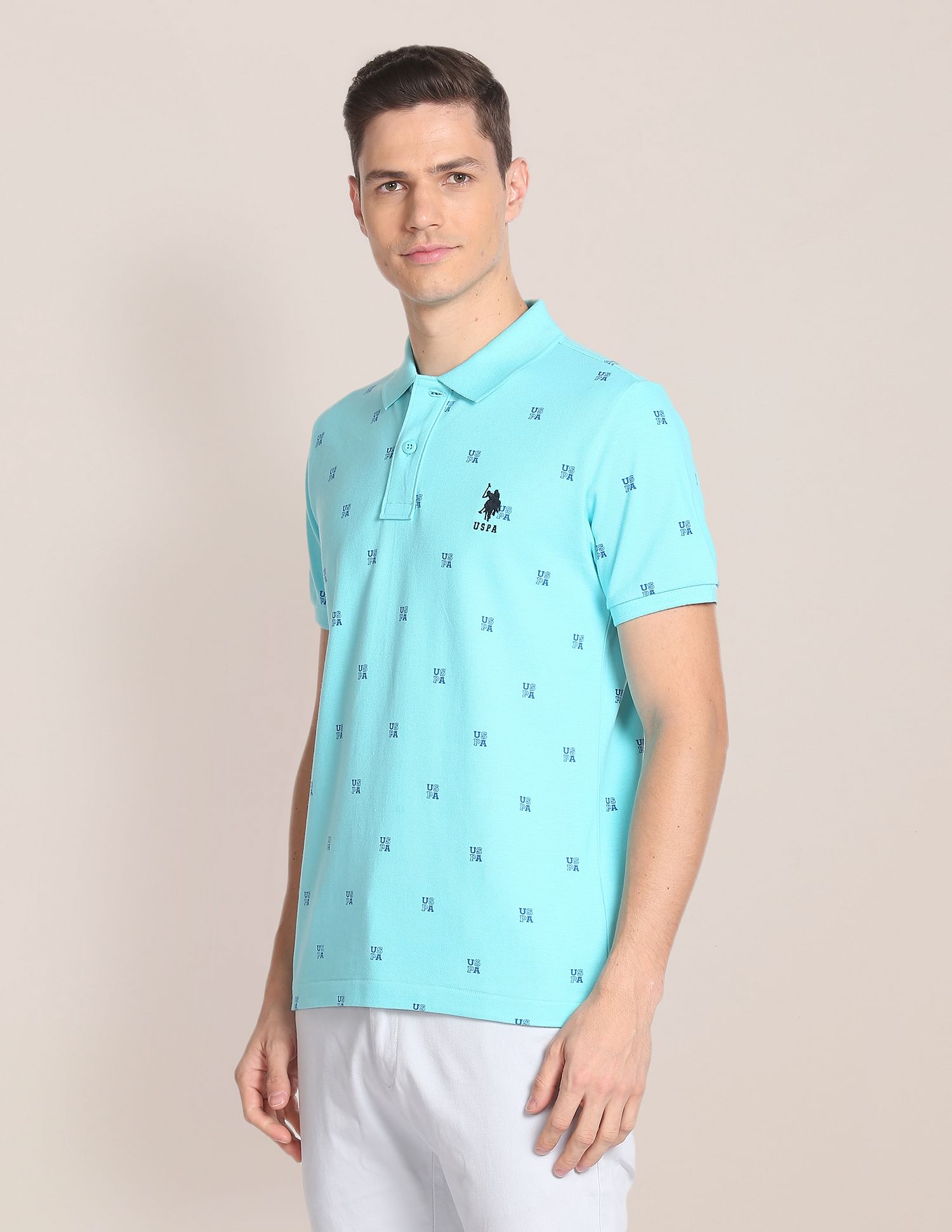 All Over Brand Print Slim Fit Polo Shirt Blue - U.S. POLO ASSN. | Large