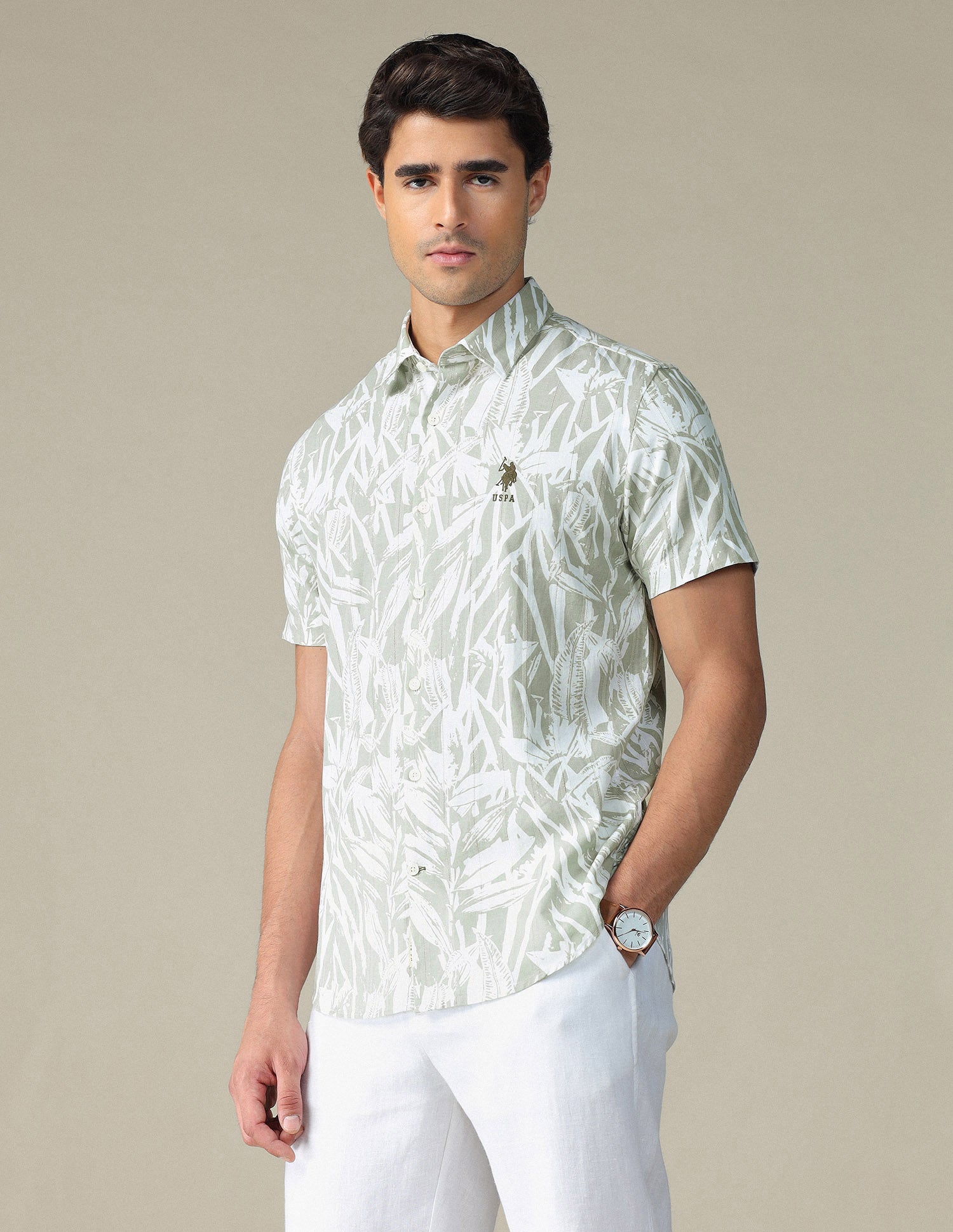Tropical Printed Dobby Shirt Green - U.S. POLO ASSN. | Large