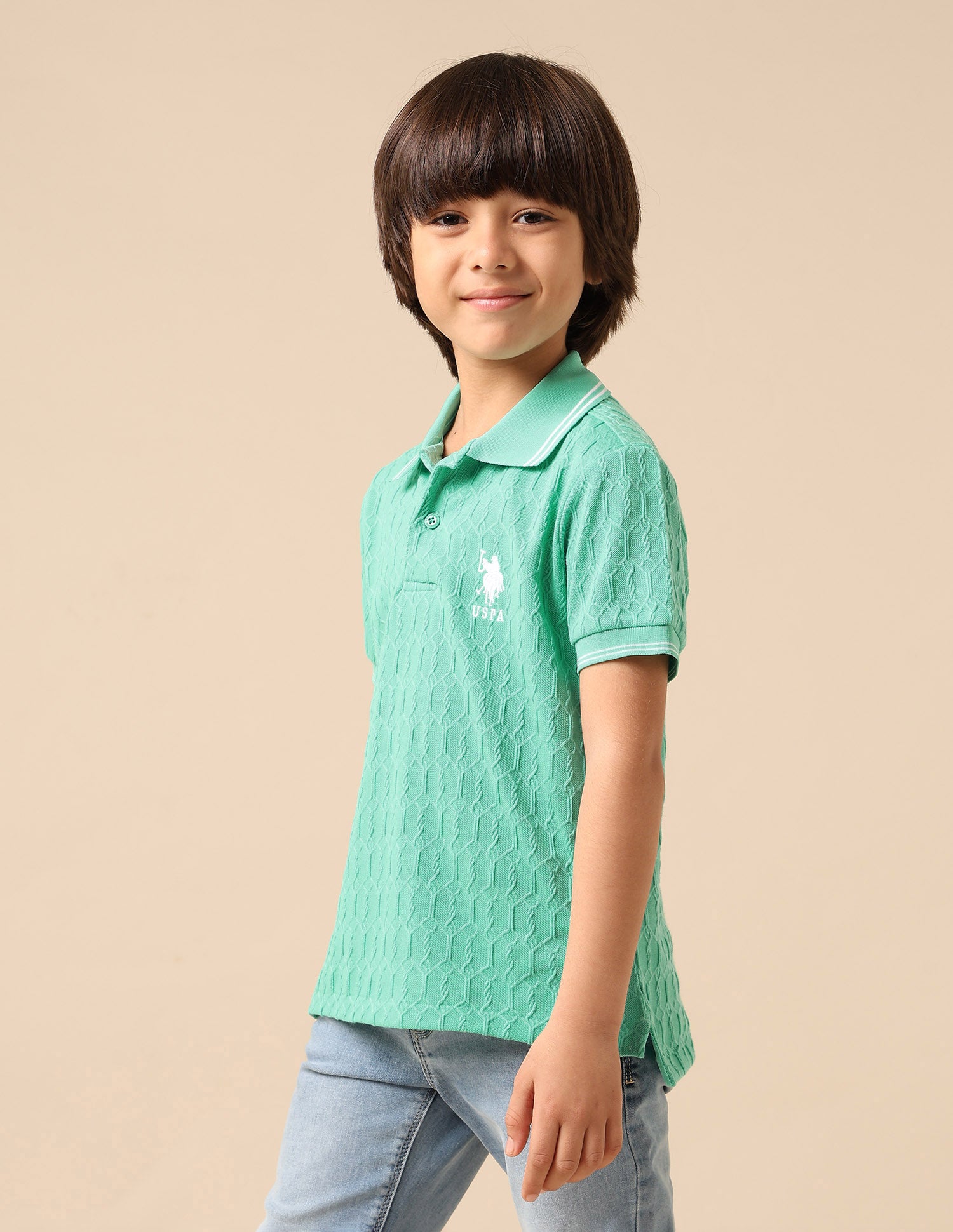 Boys Textured Pure Cotton Polo Shirt Mint - U.S. POLO ASSN. | Large