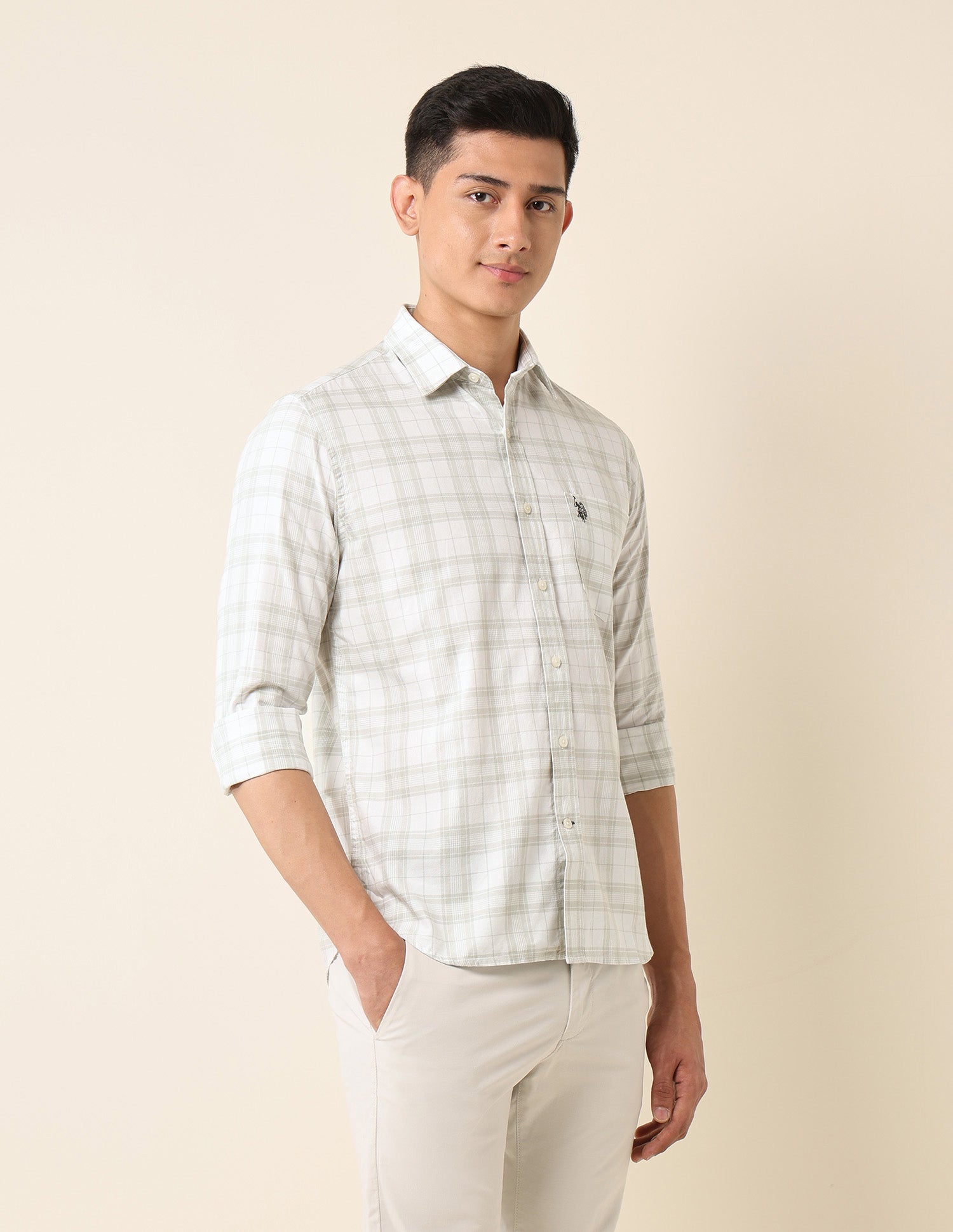 Plaid Checked Pure Cotton Shirt Light Green - U.S. Polo Assn. India | Large