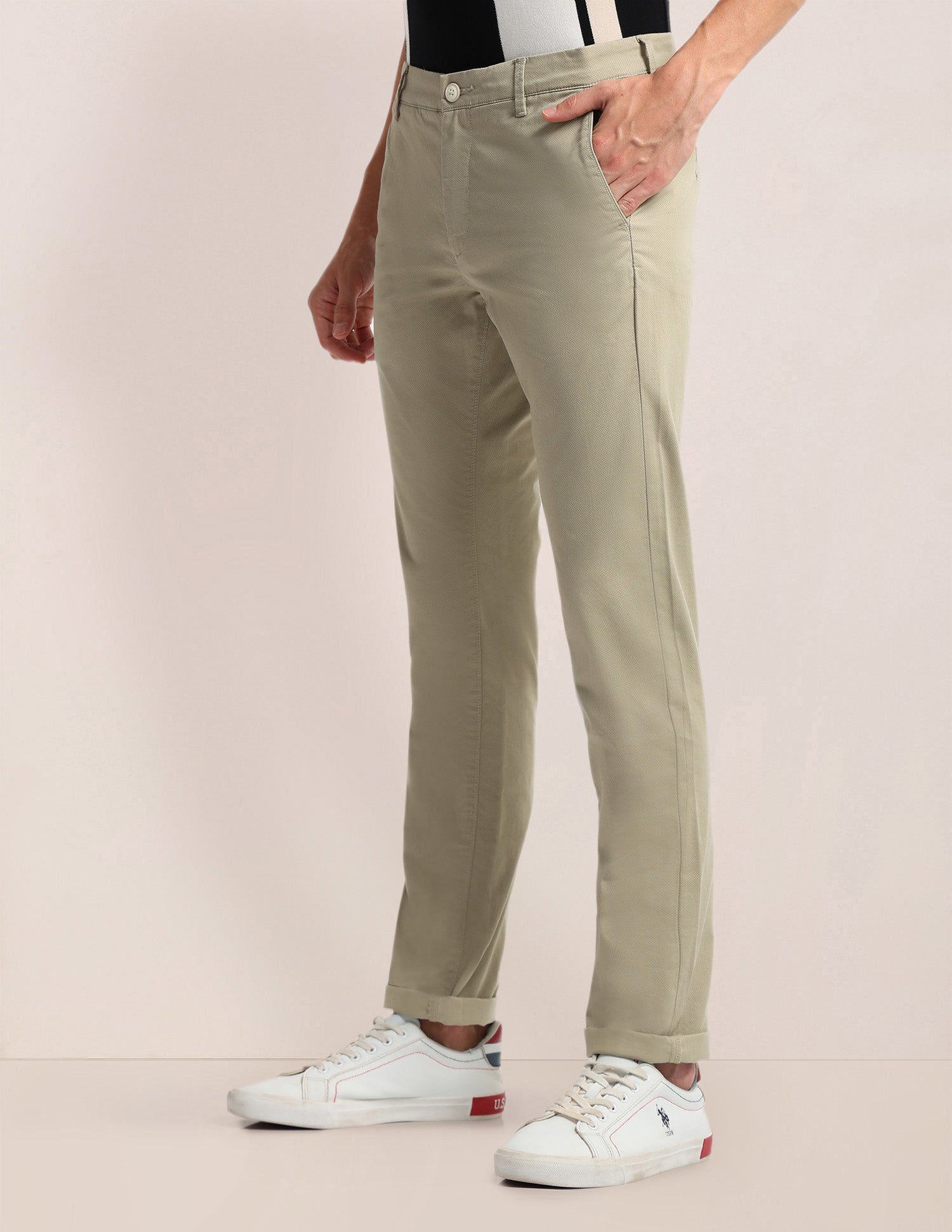 Printed Slim Straight Fit Satin Chinos Stone - U.S. Polo Assn. India | Large