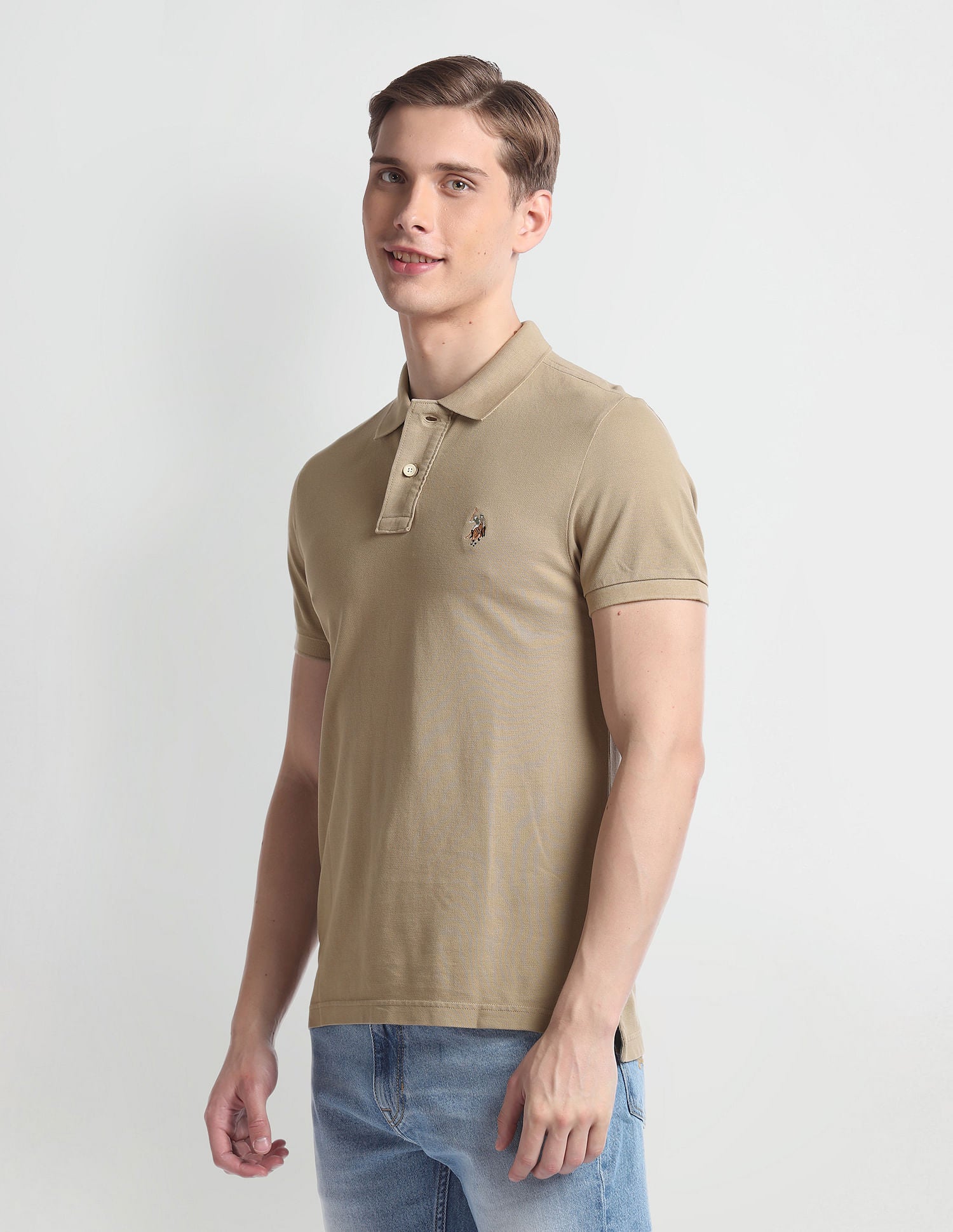 Solid Cotton Muscle Fit Polo Shirt Beige - U.S. Polo Assn. India | Large