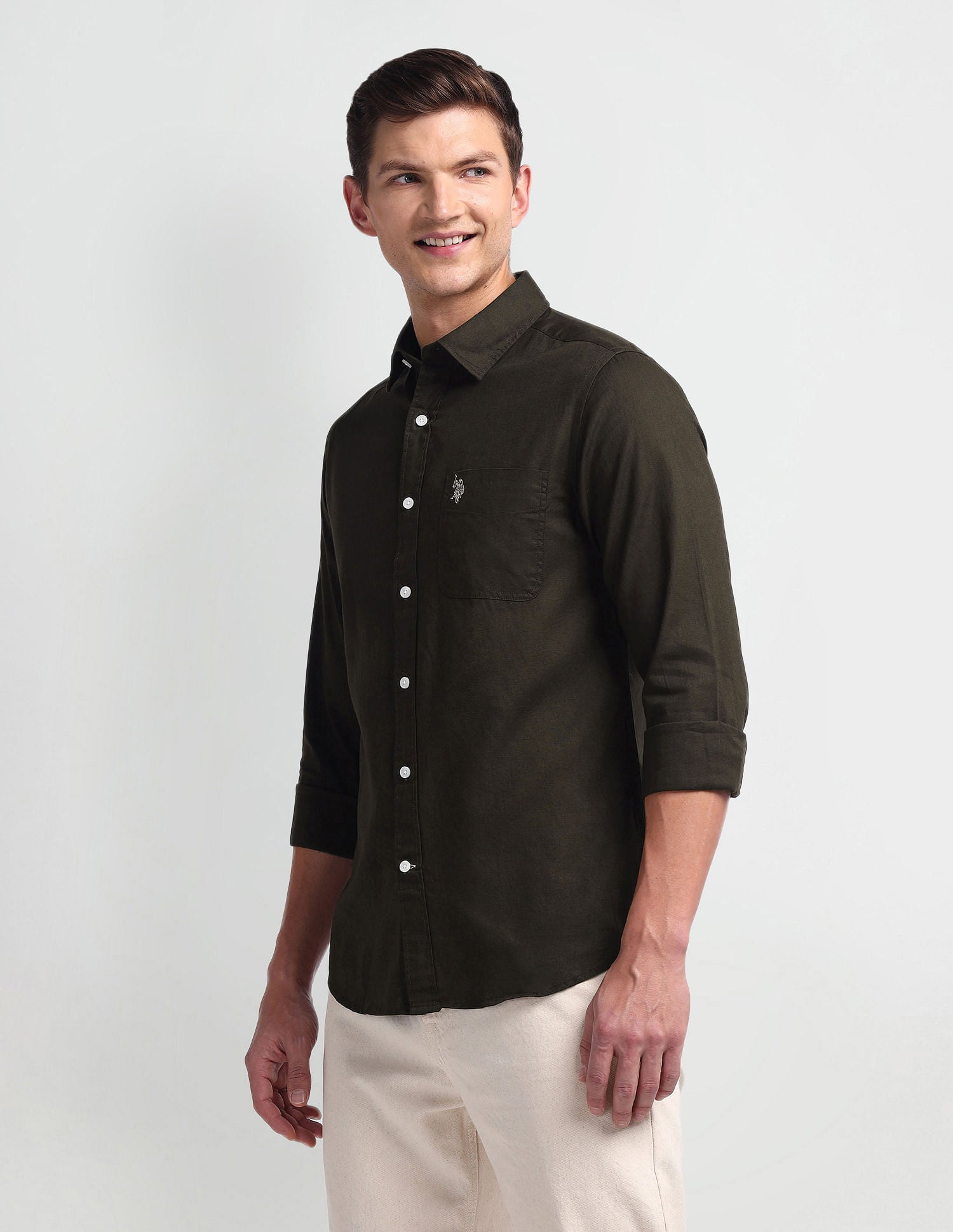 Semi Cutaway Collar Slim Fit Shirt Olive - U.S. Polo Assn. India | Large