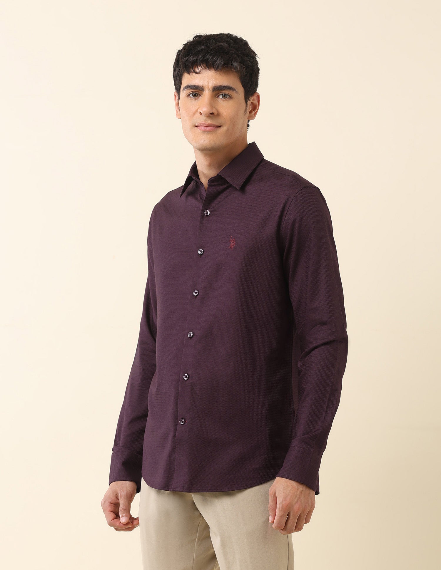 Tailored Fit Solid Pure Cotton Shirt Wine - U.S. Polo Assn. India | Large
