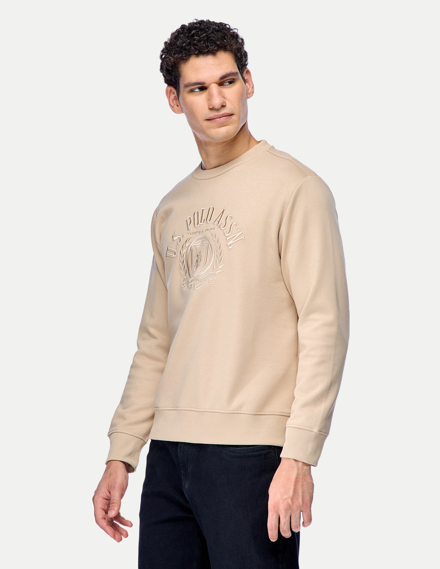 Brand Embroidered Slim Fit Sweatshirt Beige - U.S. Polo Assn. India | Large