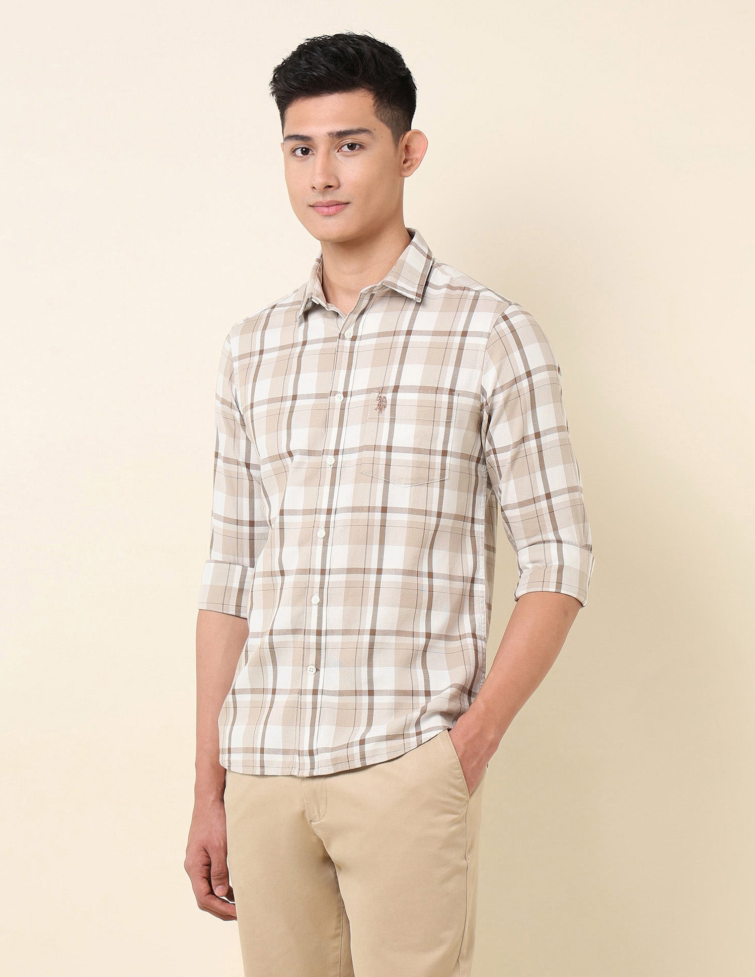 Tailored Fit Pure Cotton Shirt Beige - U.S. Polo Assn. India | Large