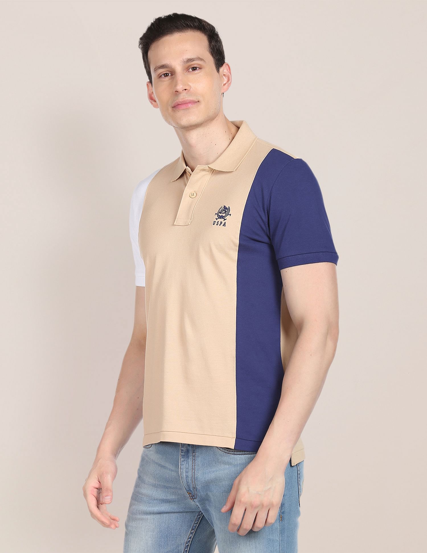 Colour Block Cotton Pique Polo Shirt Beige - U.S. POLO ASSN. | Large