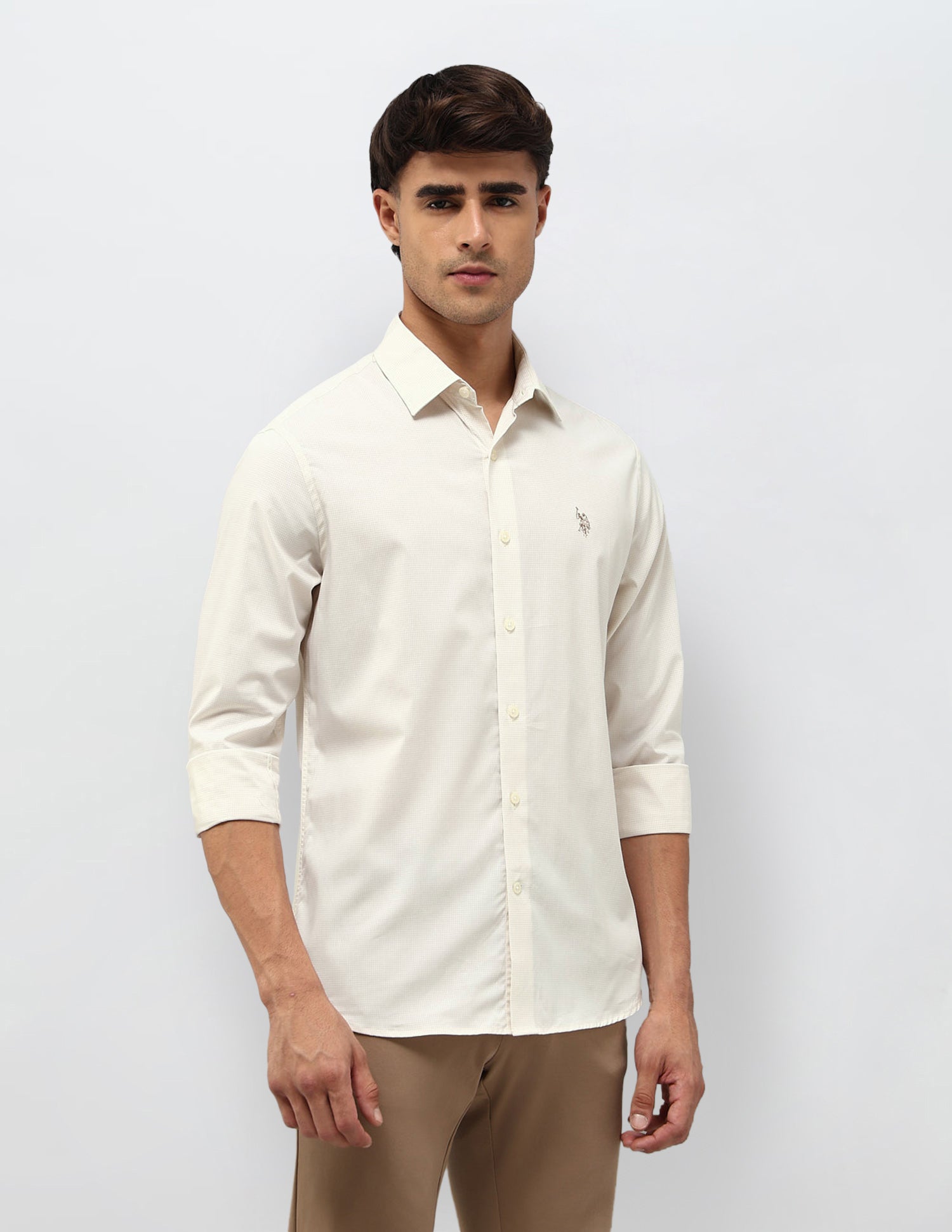 Micro Checked Tailored Fit Shirt Beige - U.S. POLO ASSN. | Large