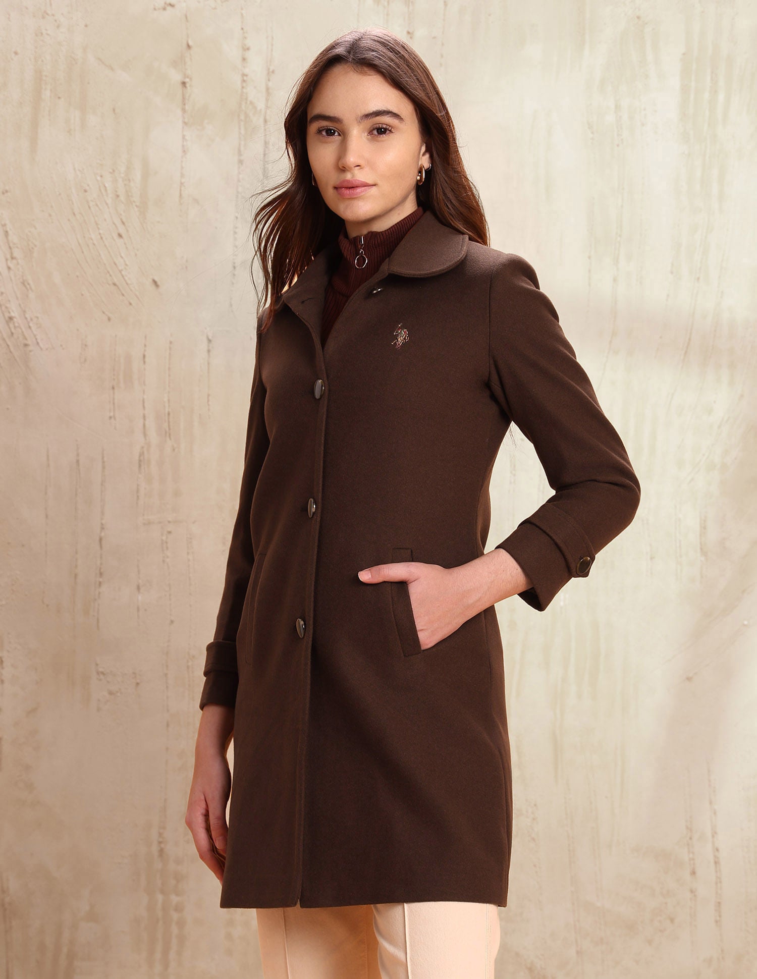 Solid Regular Fit Spread collar Overcoat Brown - U.S. POLO ASSN. | Large