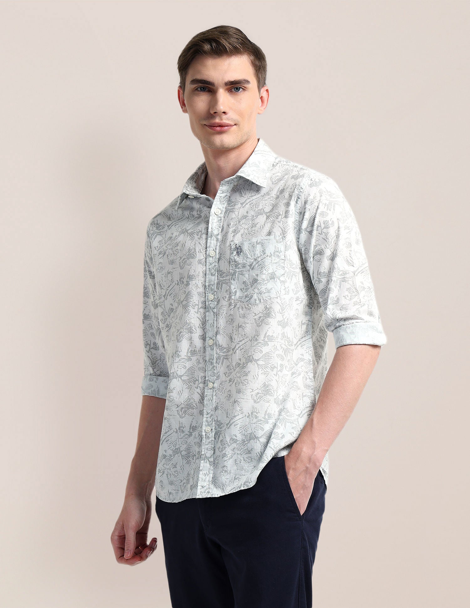Cutaway Collar Premium Cotton Shirt Green - U.S. Polo Assn. India | Large