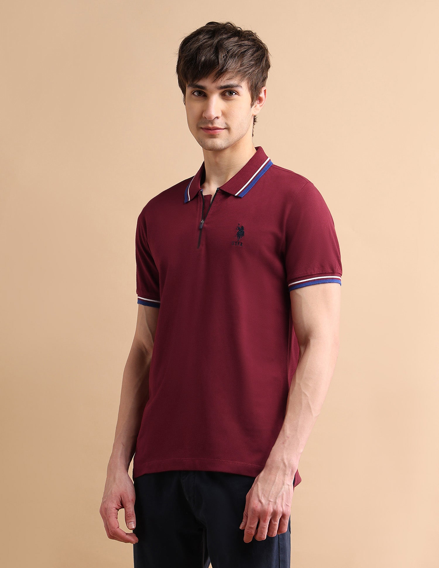 Tipped Zipper Polo Shirt Maroon - U.S. POLO ASSN. | Large