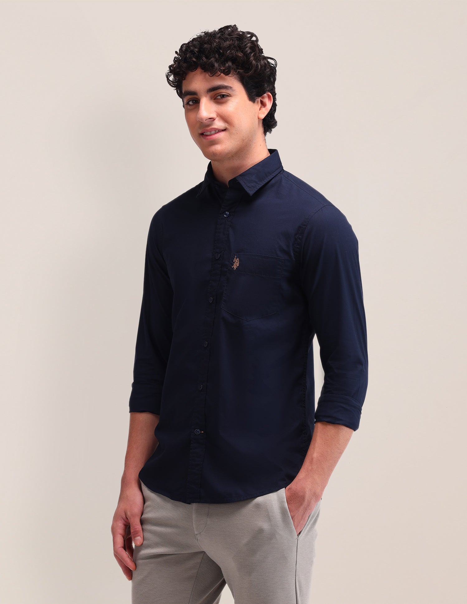 Solid Pattern Poplin Shirt Navy - U.S. Polo Assn. India | Large
