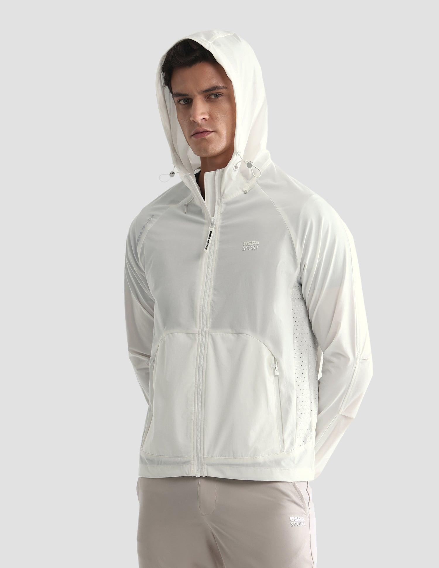 Solid Hooded Active Jacket Off White - U.S. Polo Assn. India | Large