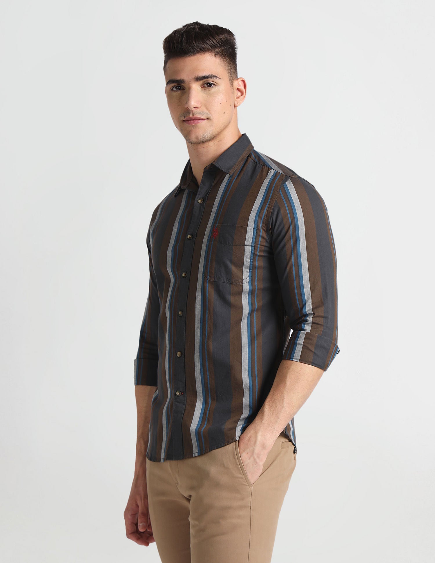 Vertical Stripe Slim Fit Shirt Brown - U.S. Polo Assn. India | Large