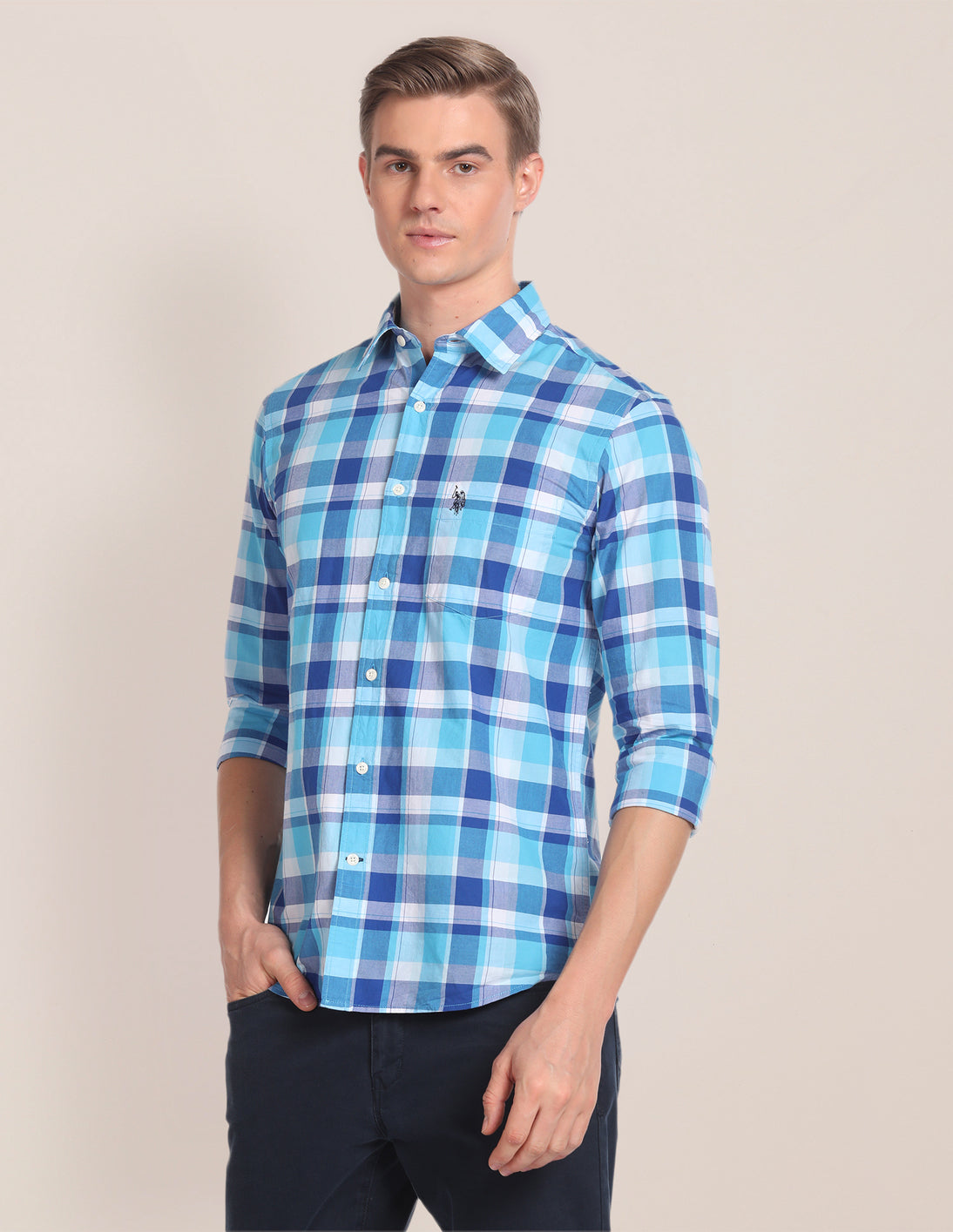 Spread Collar Checked Shirt Blue - U.S. Polo Assn. India | Large