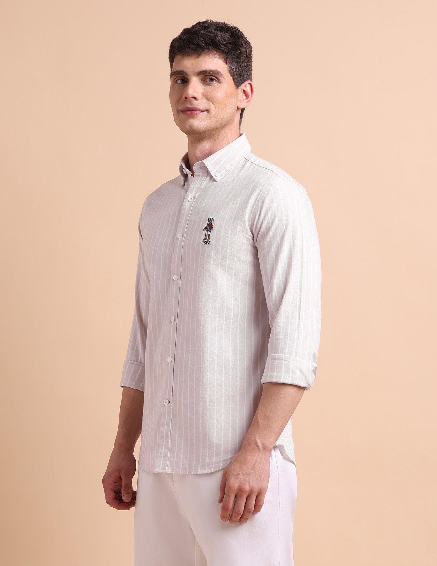 Tailored Fit Vertical Striped Formal Shirt Beige - U.S. POLO ASSN. | Large