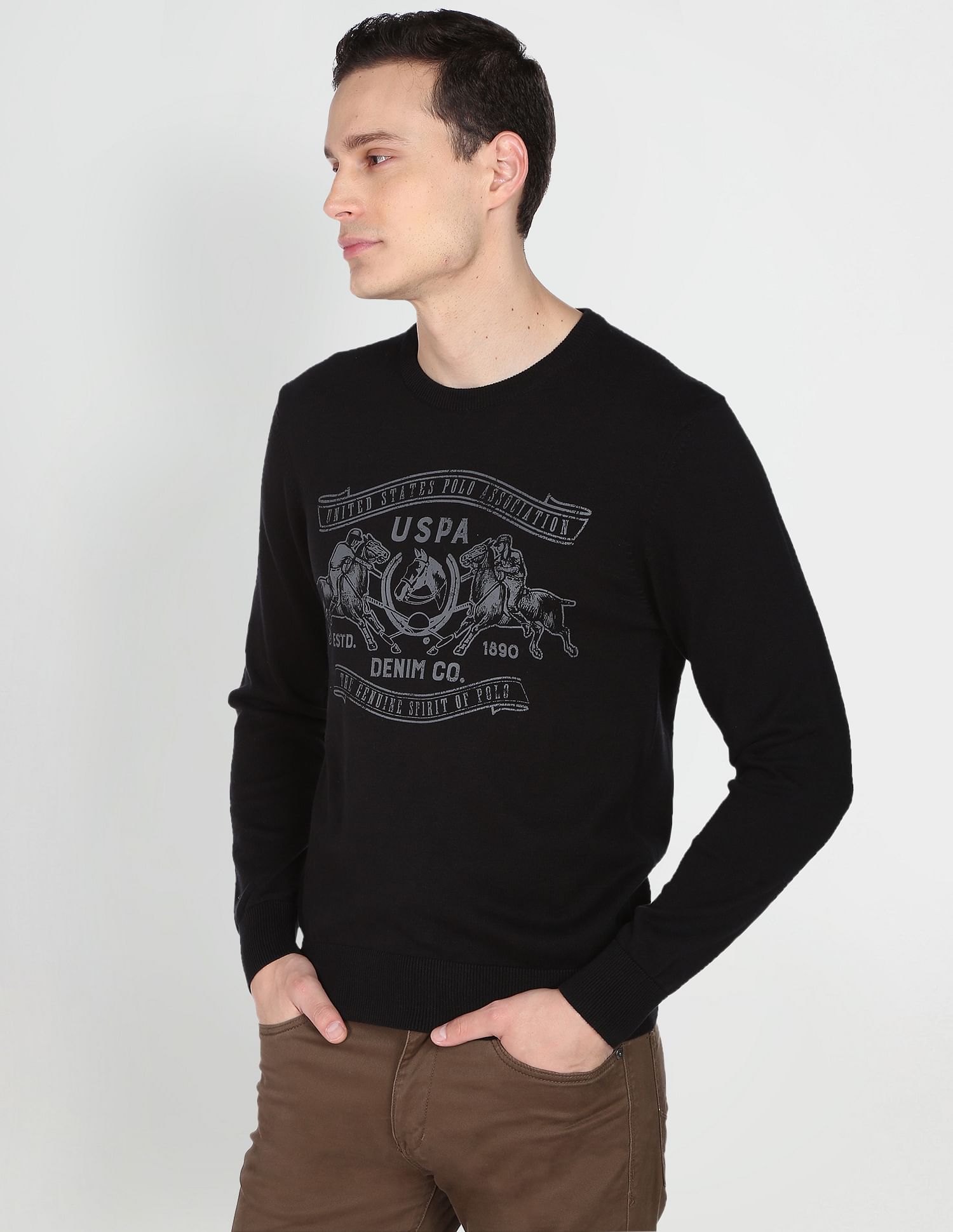 Men Black Crew Neck Graphic Print Cotton Sweater Black - U.S. POLO ASSN. | Large