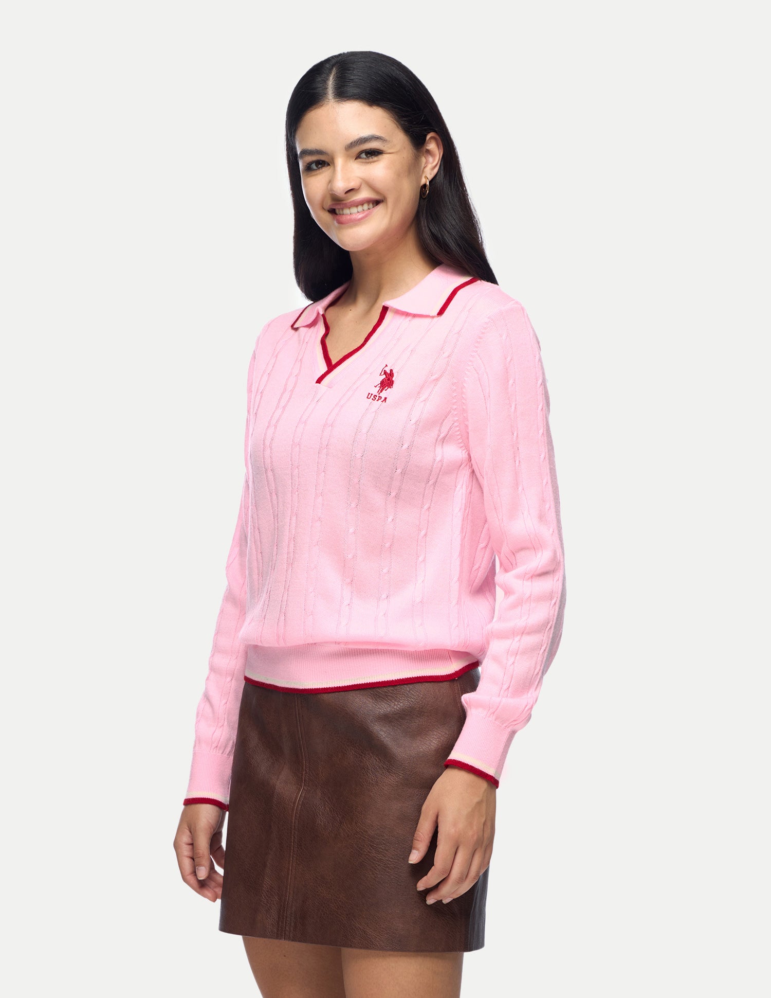 Cable Patterned Knit Regular Fit Sweater Pink - U.S. Polo Assn. India | Large