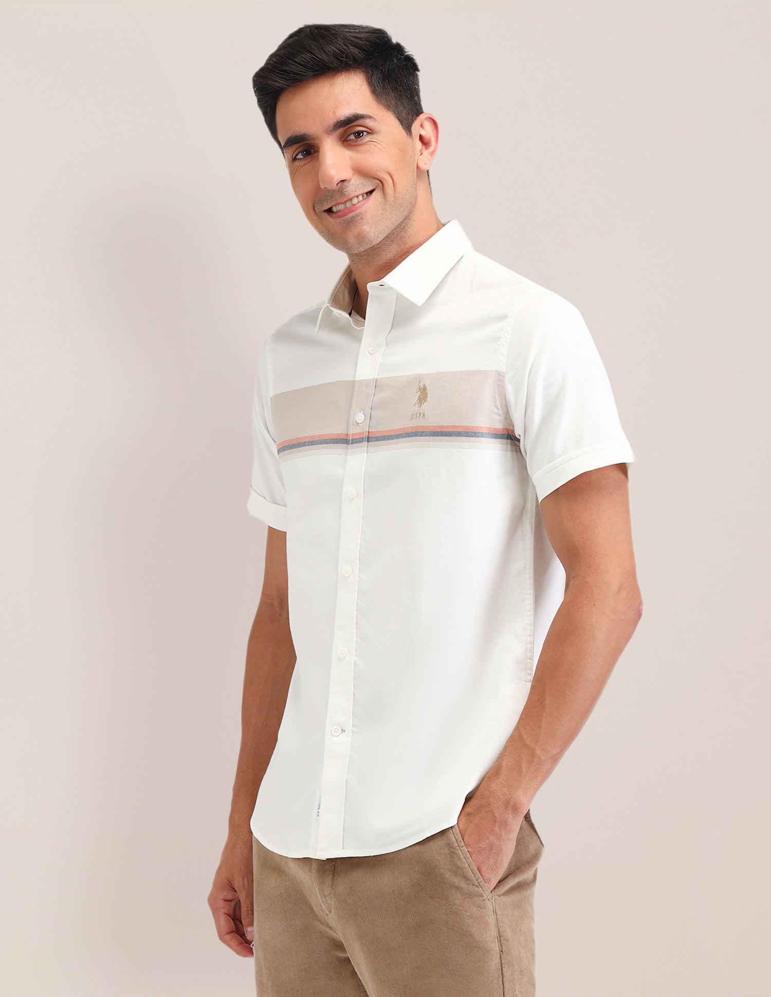 Horizontal Striped Regular Fit Shirt Beige - U.S. Polo Assn. India | Large