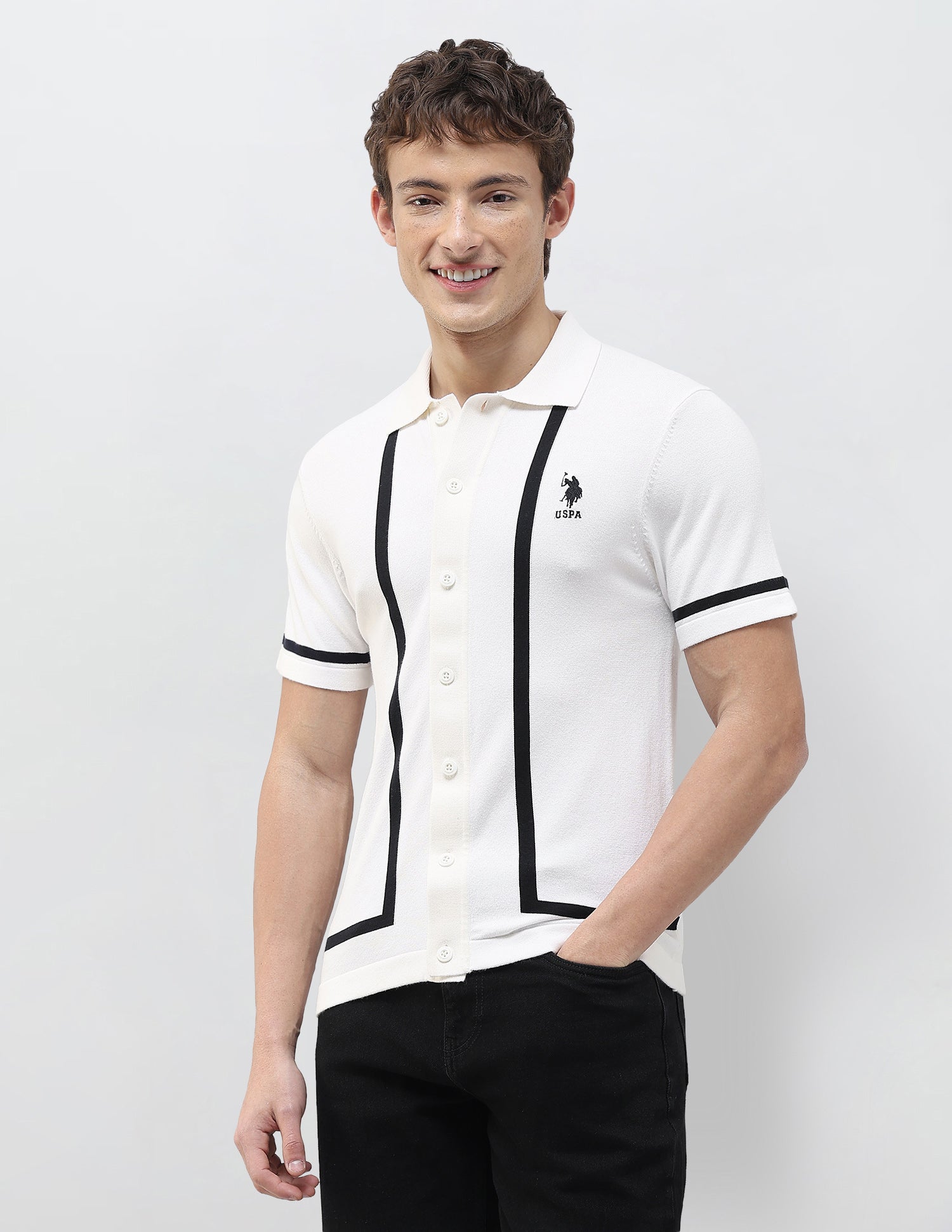 Knitted Slim Fit Shirt Off White - U.S. Polo Assn. India | Large