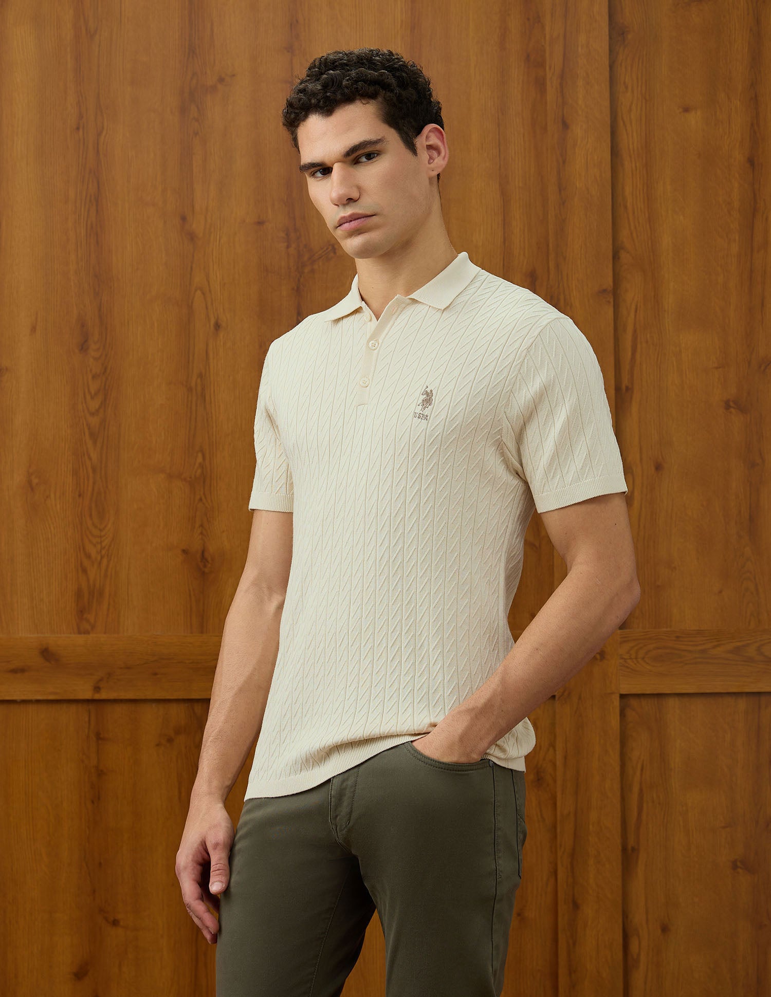 Patterned Knit Equestrian Aisle Theater Polo Shirt Beige - U.S. POLO ASSN. | Large