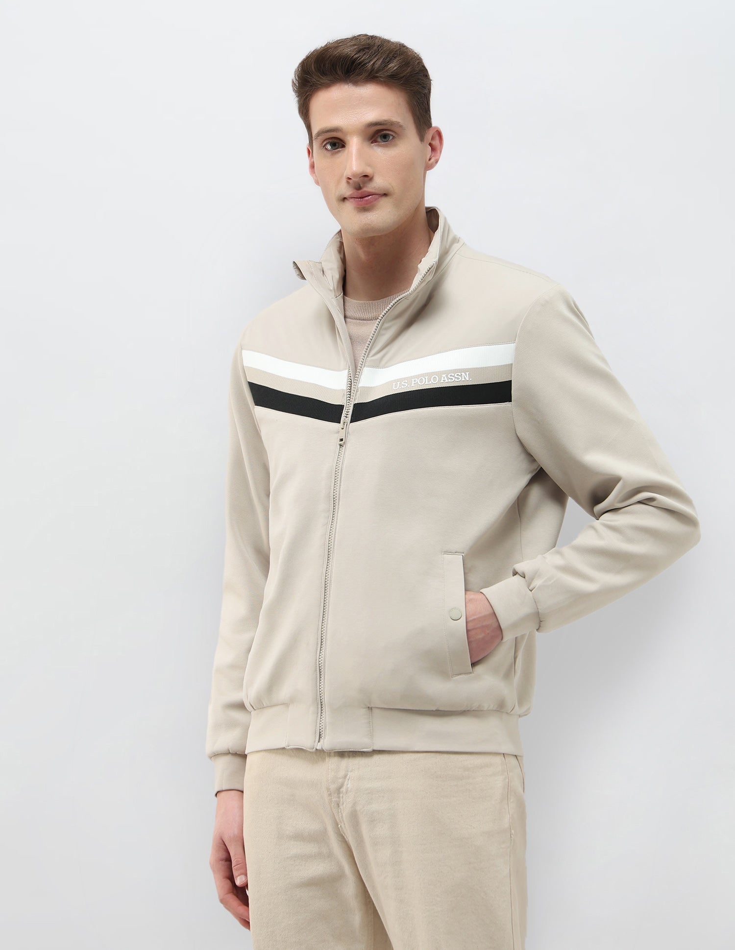 Solid Regular Fit Jacket Khaki - U.S. Polo Assn. India | Large