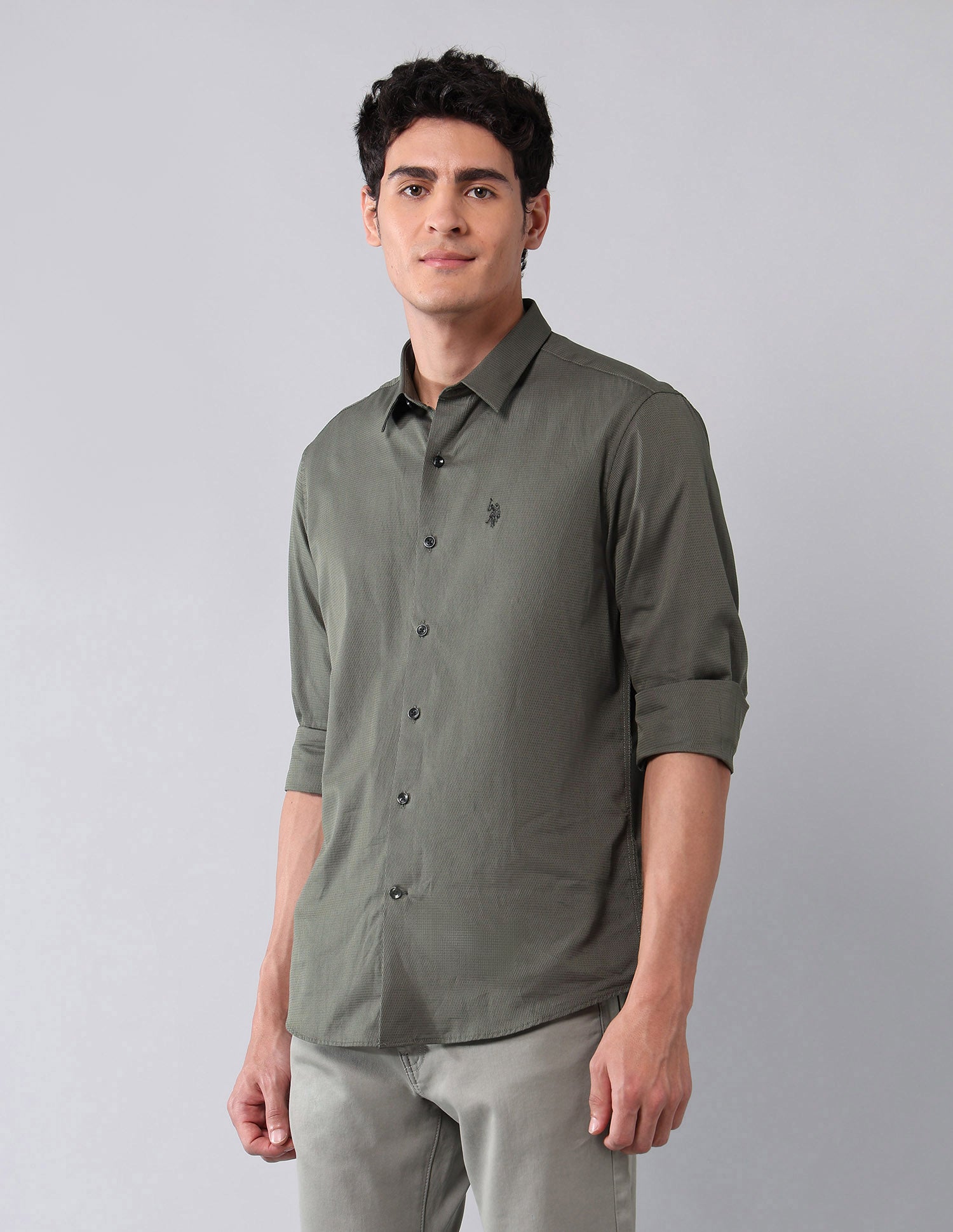 Pure Cotton Regular Fit Dobby Shirt Olive - U.S. Polo Assn. India | Large