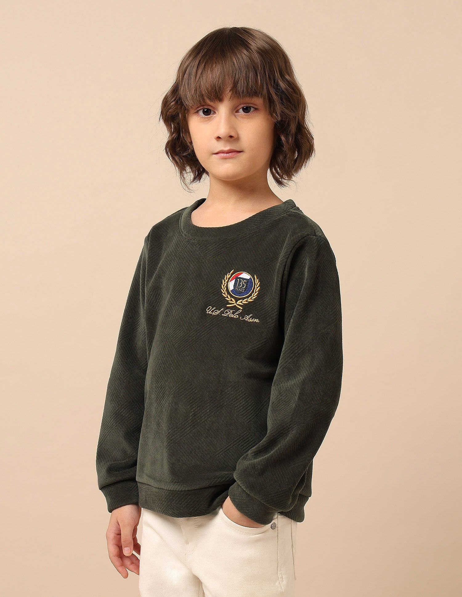 Boys Textured Patterned Knit Regular Fit Sweatshirt Olive - U.S. POLO ASSN. | Large
