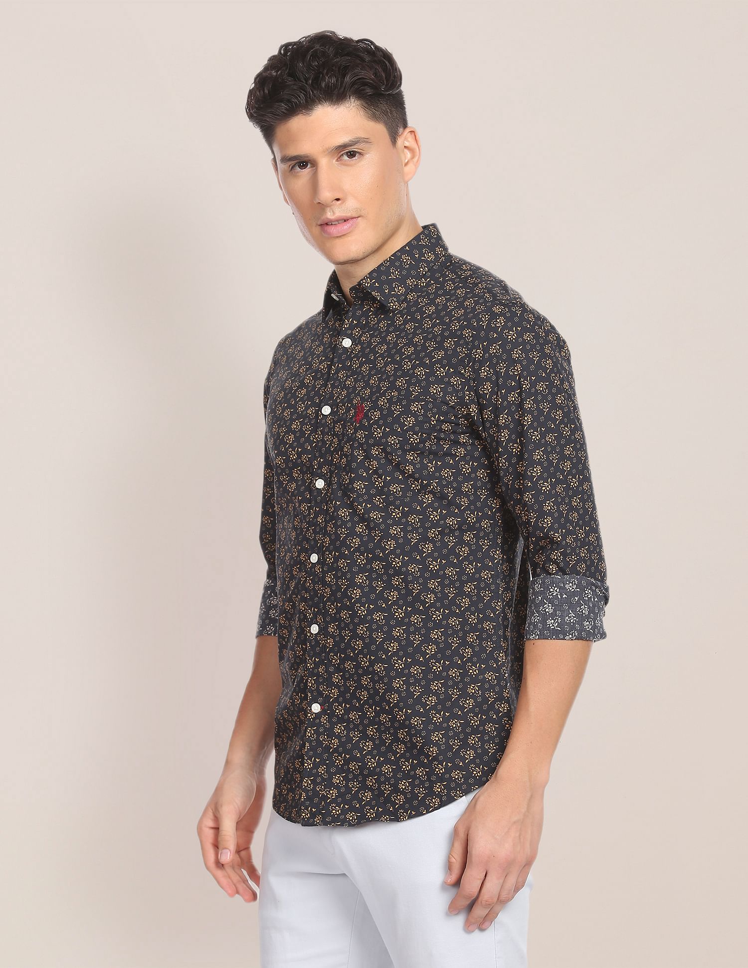 Floral Cotton Shirt Navy and Ochre - U.S. Polo Assn. India | Large