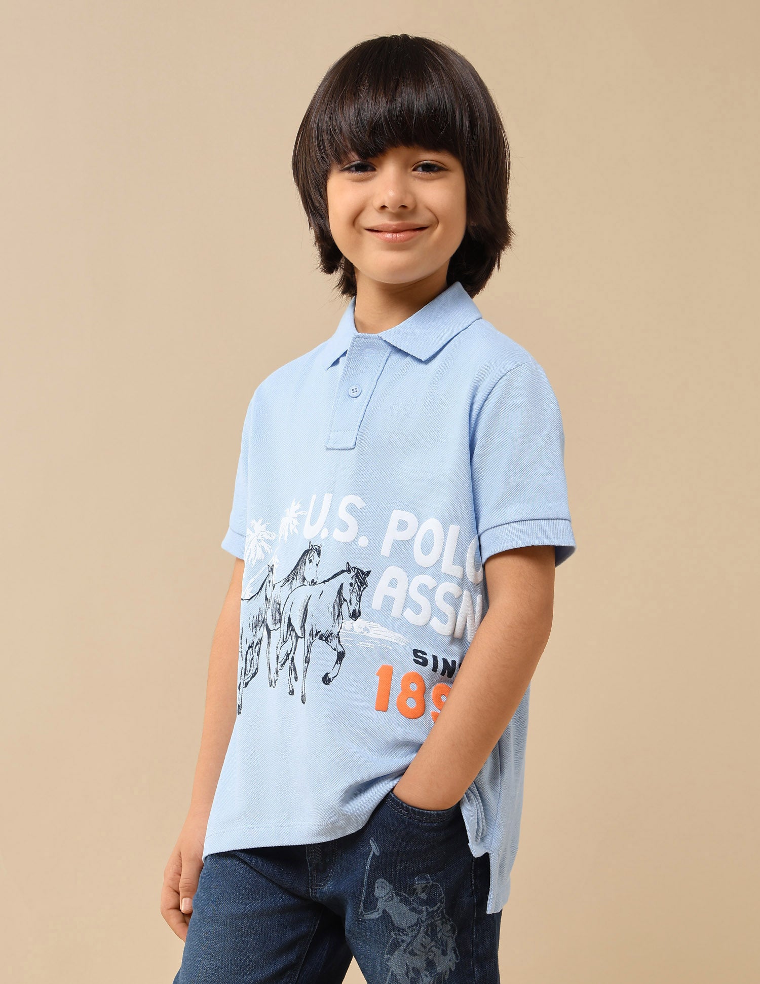 Boys Graphic Brand Printed Regular Fit Polo Shirt Light Blue - U.S. POLO ASSN. | Large