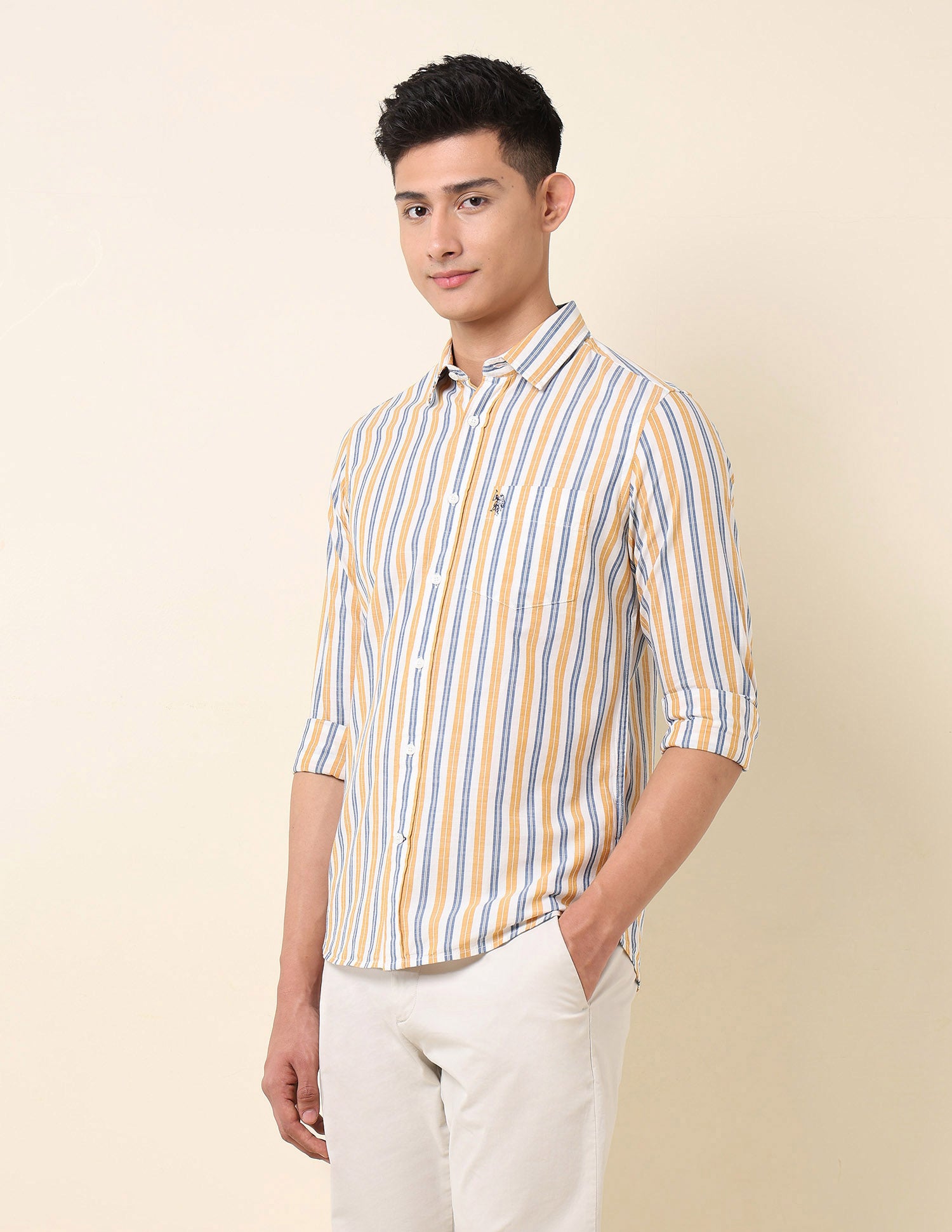 Vertical Striped Pure Cotton Shirt Yellow - U.S. Polo Assn. India | Large