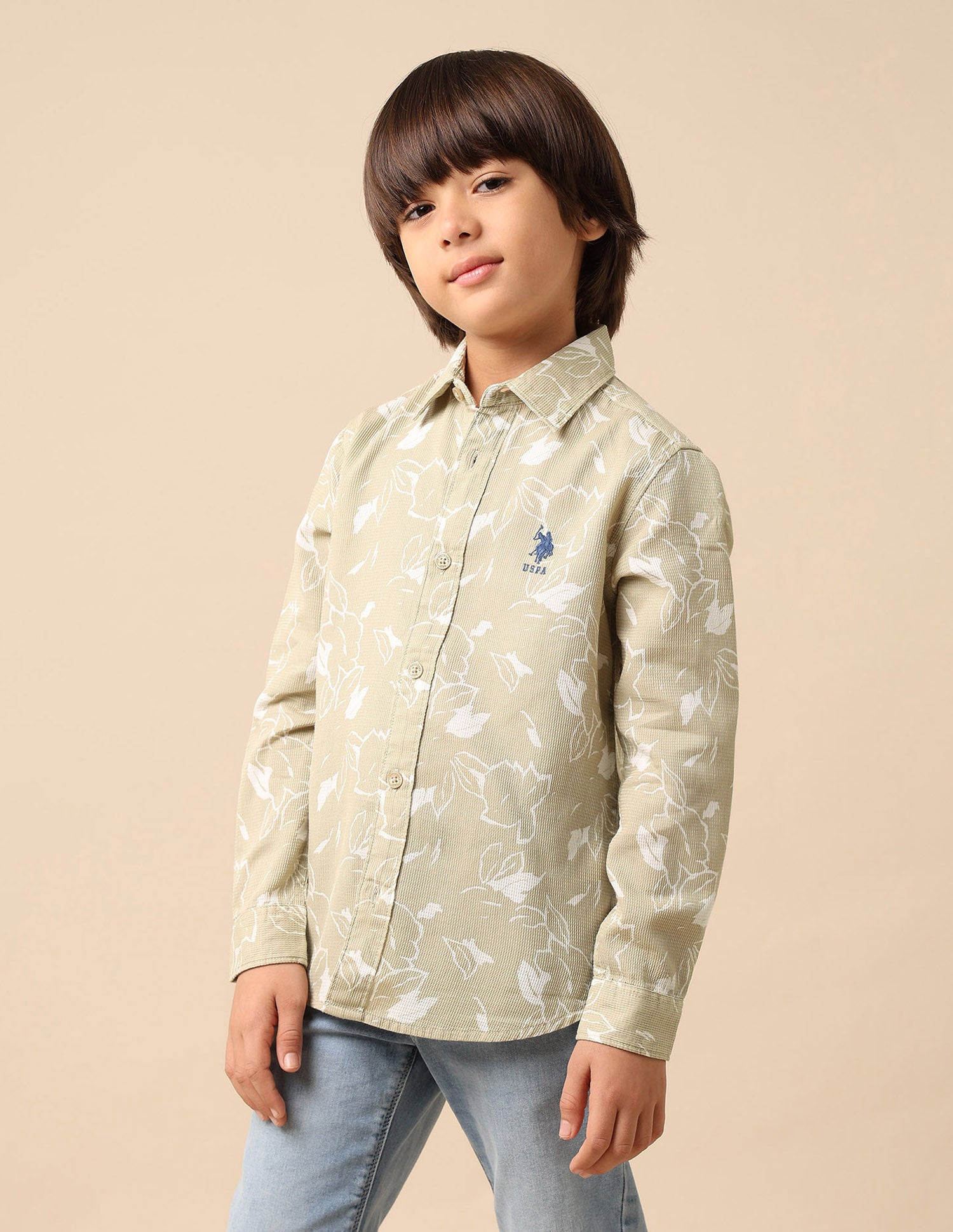 Boys Floral Printed Dobby Shirt Beige - U.S. POLO ASSN. | Large