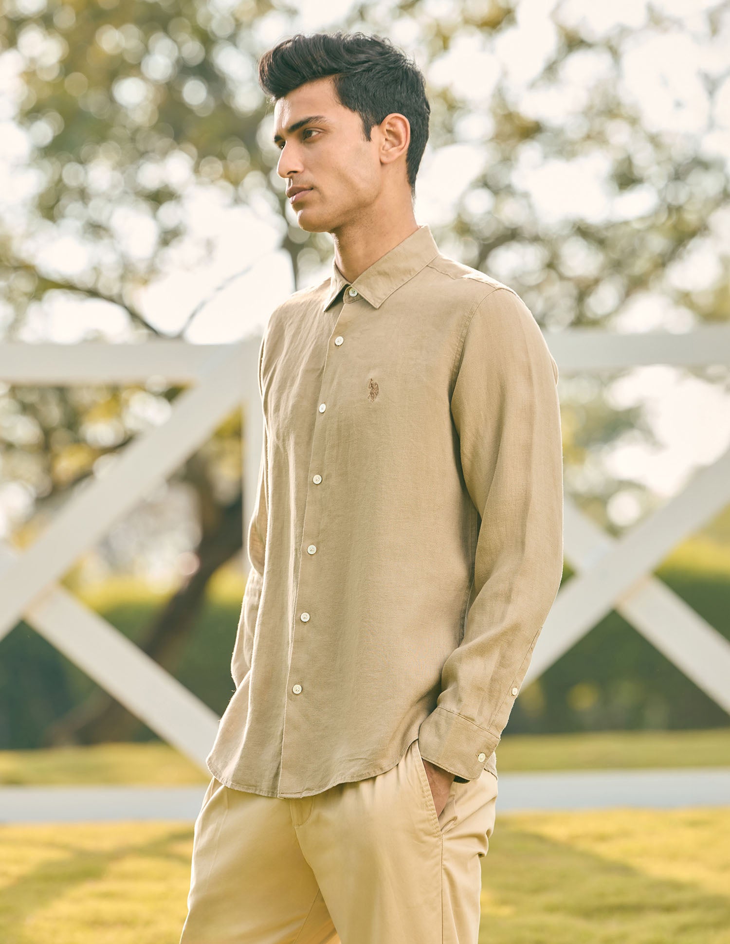 Pacho X Tailored Fit Pure Linen Shirt Khaki - U.S. POLO ASSN. | Large