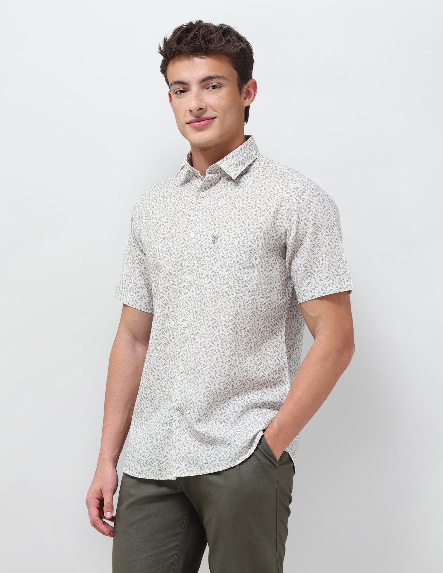 Tropical Printed Regular Fit Shirt Light Olive - U.S. Polo Assn. India | Large