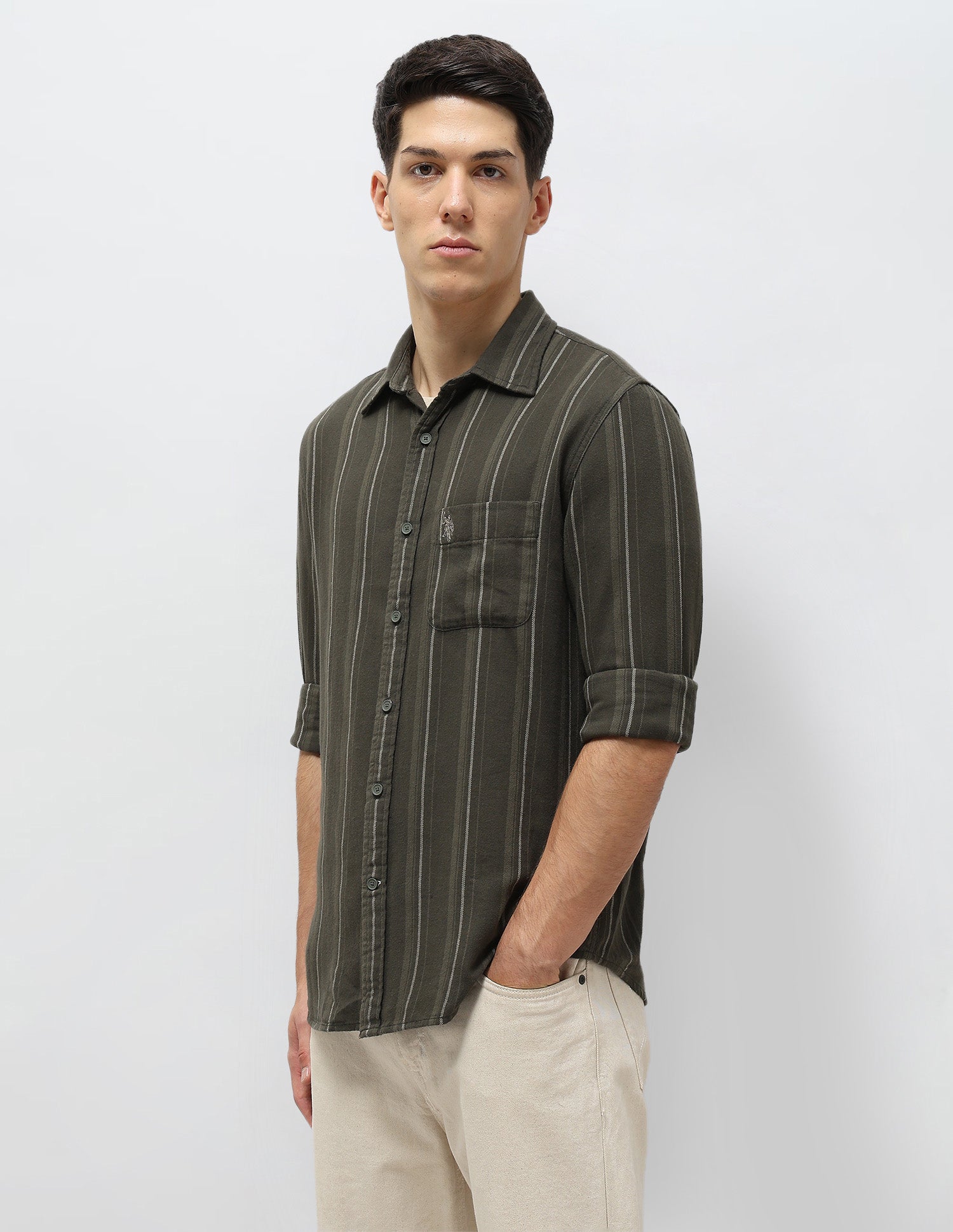 Vertical Striped Self Design Twill Shirt Olive - U.S. POLO ASSN. | Large