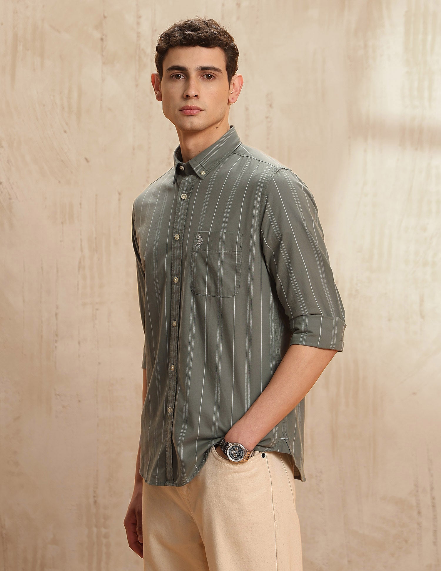 Vertical Striped Legend Of Horseshoe Shirt Green - U.S. POLO ASSN. | Large