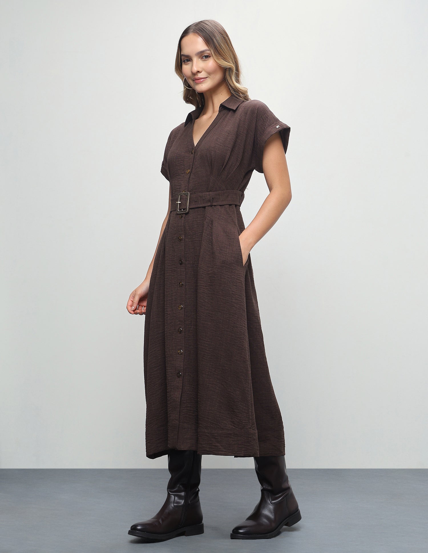 Midi Regular Fit Shirt Dress Brown - U.S. Polo Assn. India | Large