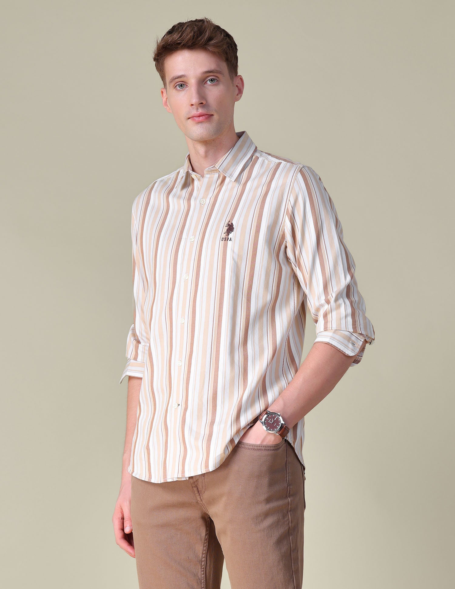 Vertical Striped Regular Fit Shirt Brown - U.S. POLO ASSN. | Large