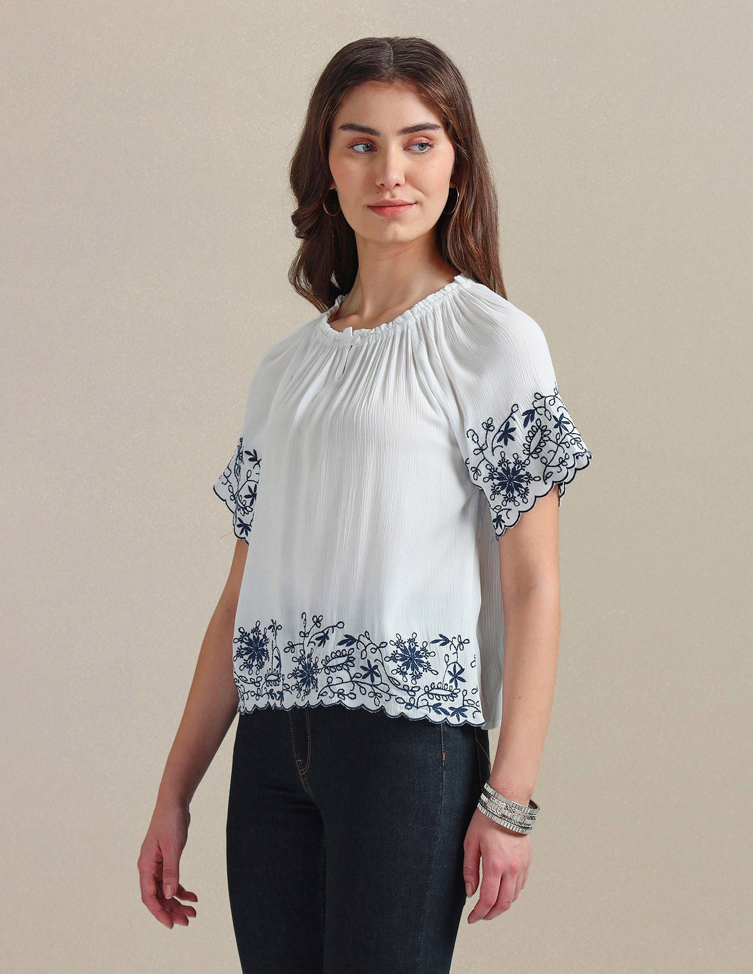 Crinkle Viscose Embroidered Top White - U.S. POLO ASSN. | Large